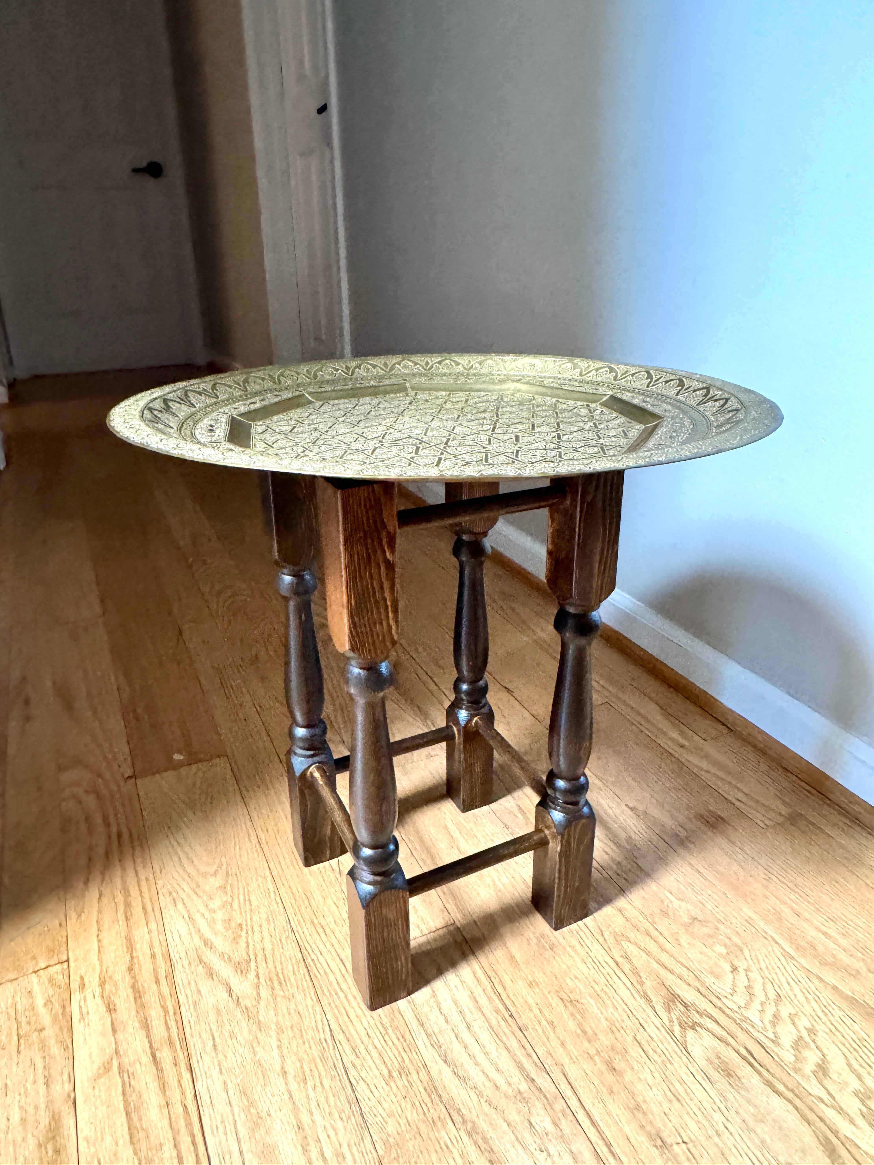 Handmade Moroccan Etched Brass Tray Table with Turned Wood Base ~ 20" Brass Tray Table