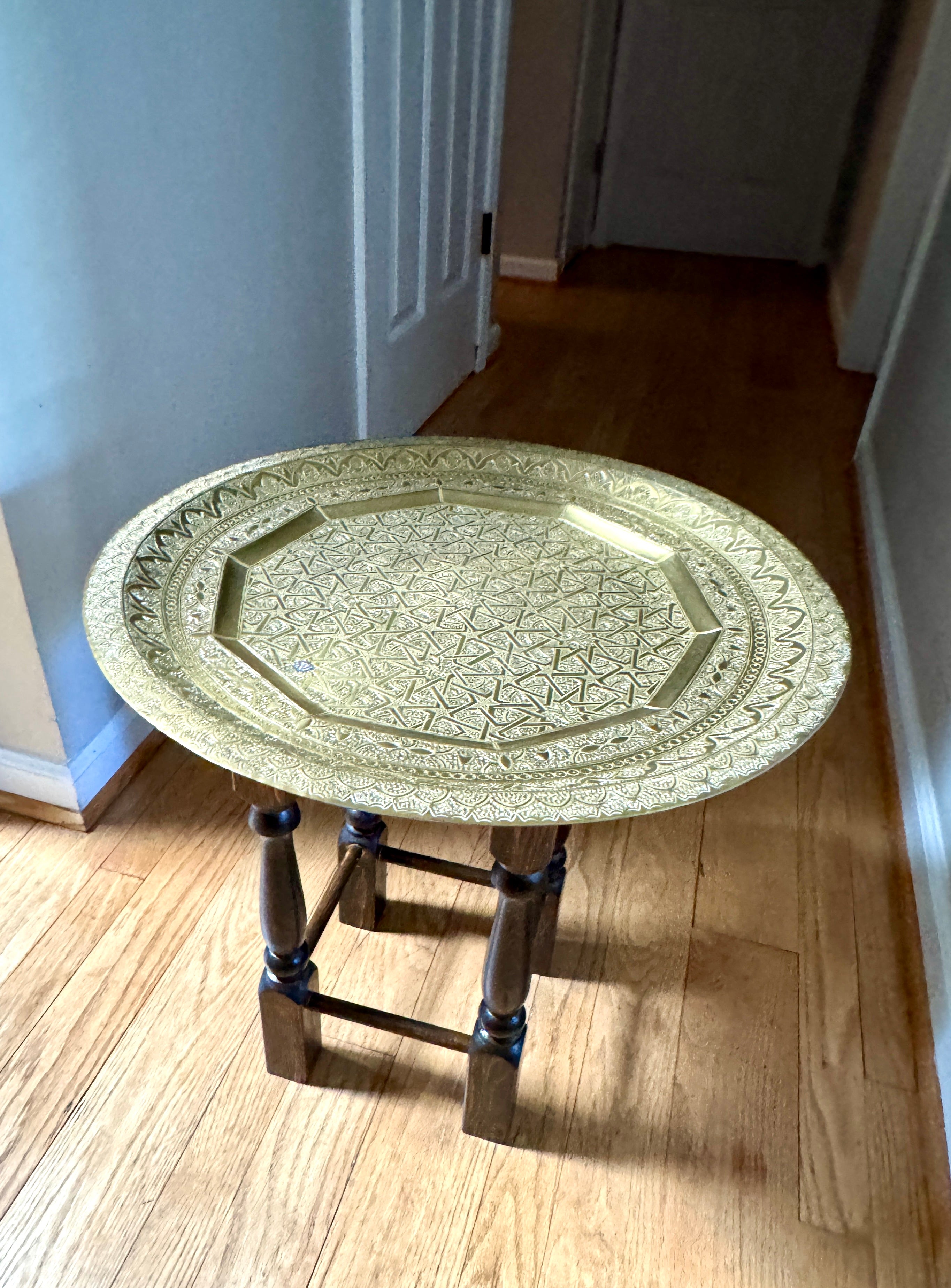 Handmade Moroccan Etched Brass Tray Table with Turned Wood Base ~ 20" Brass Tray Table