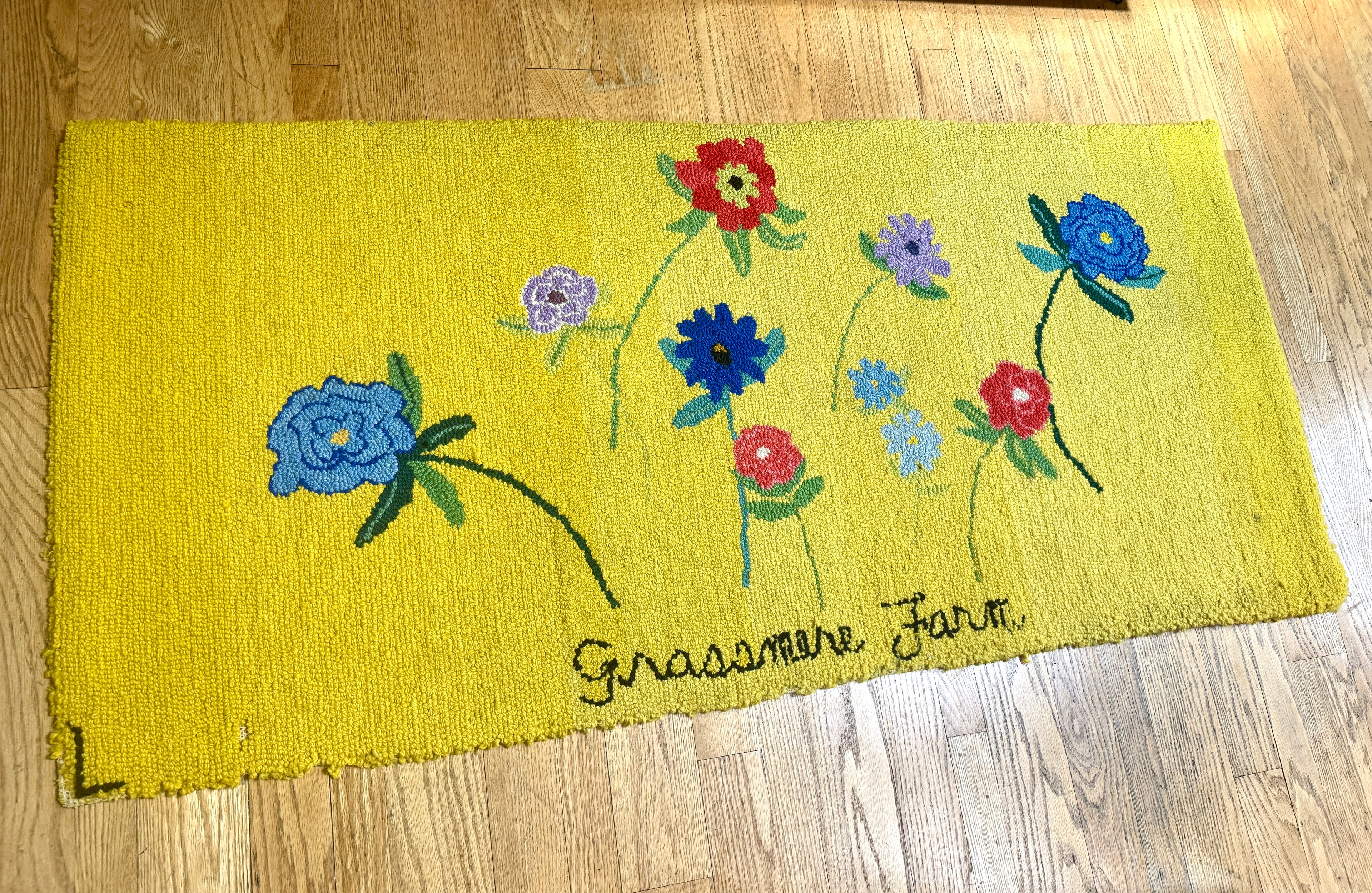 Vintage Hand-Hooked Vibrant Yellow Floral 67" X 31" Rug ~ Handmade Grassmere Farm Rug