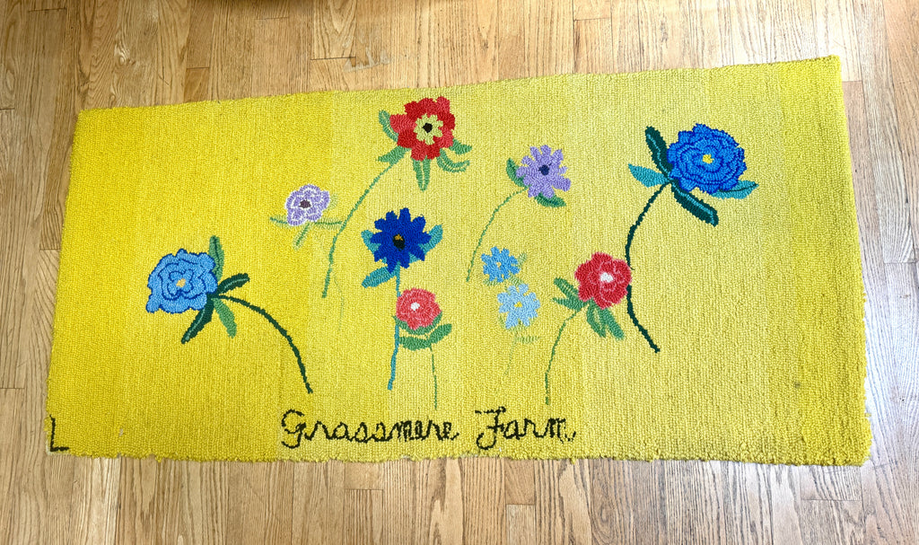 Vintage Hand-Hooked Vibrant Yellow Floral 67" X 31" Rug ~ Handmade Grassmere Farm Rug