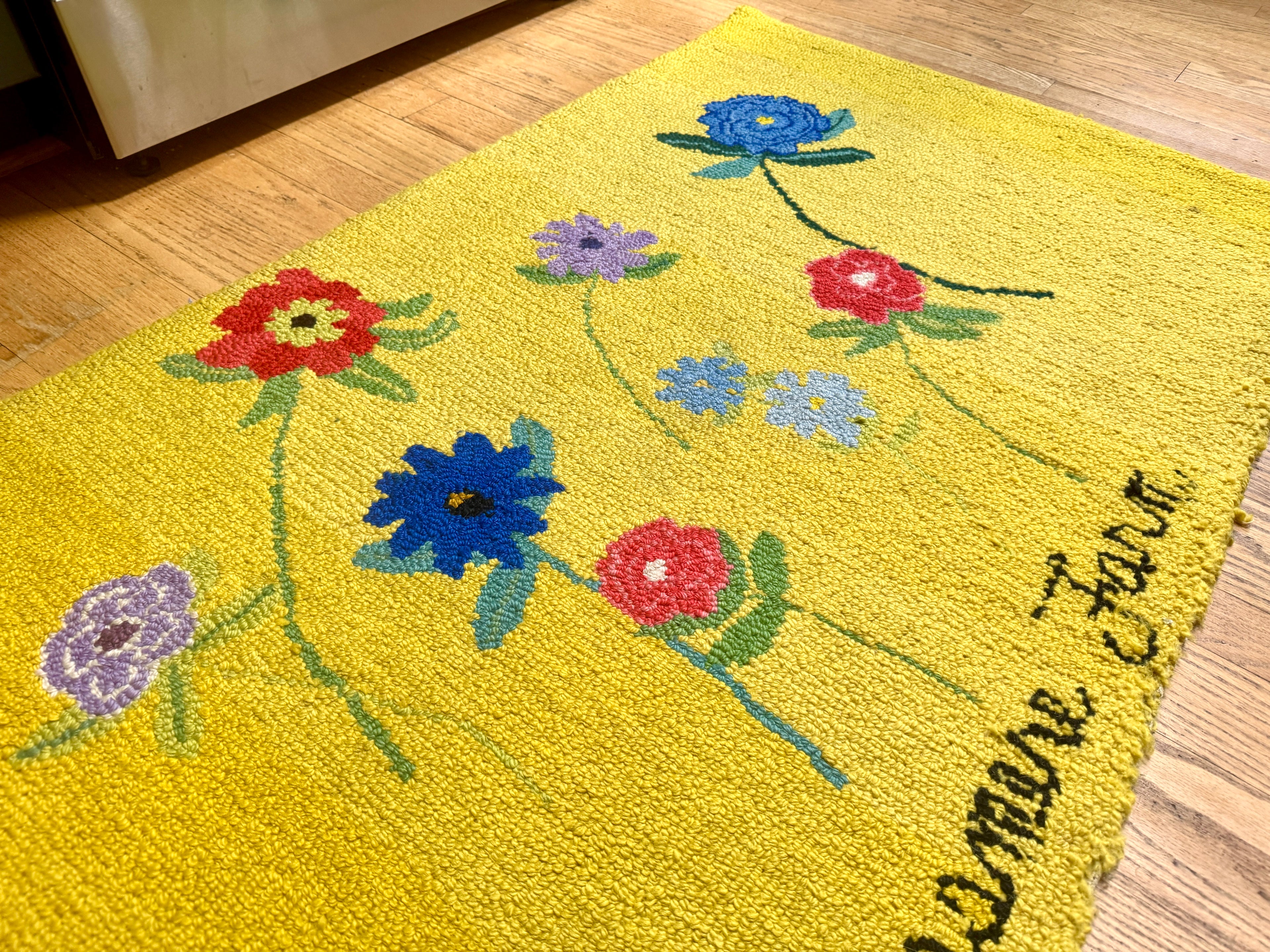 Vintage Hand-Hooked Vibrant Yellow Floral 67" X 31" Rug ~ Handmade Grassmere Farm Rug