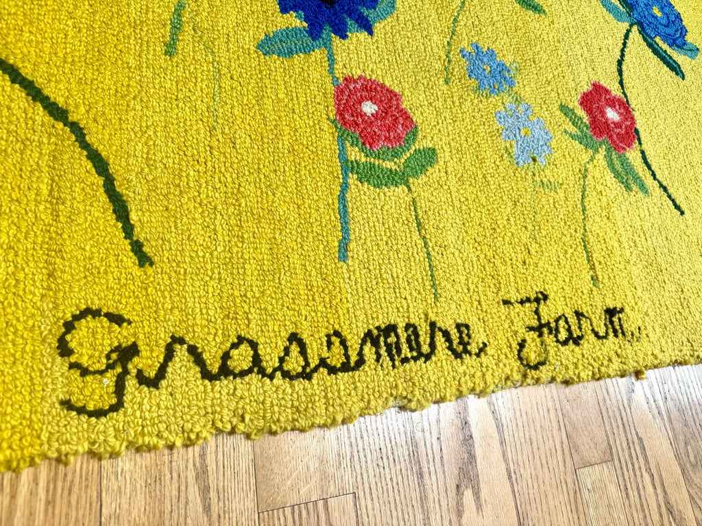 Vintage Hand-Hooked Vibrant Yellow Floral 67" X 31" Rug ~ Handmade Grassmere Farm Rug
