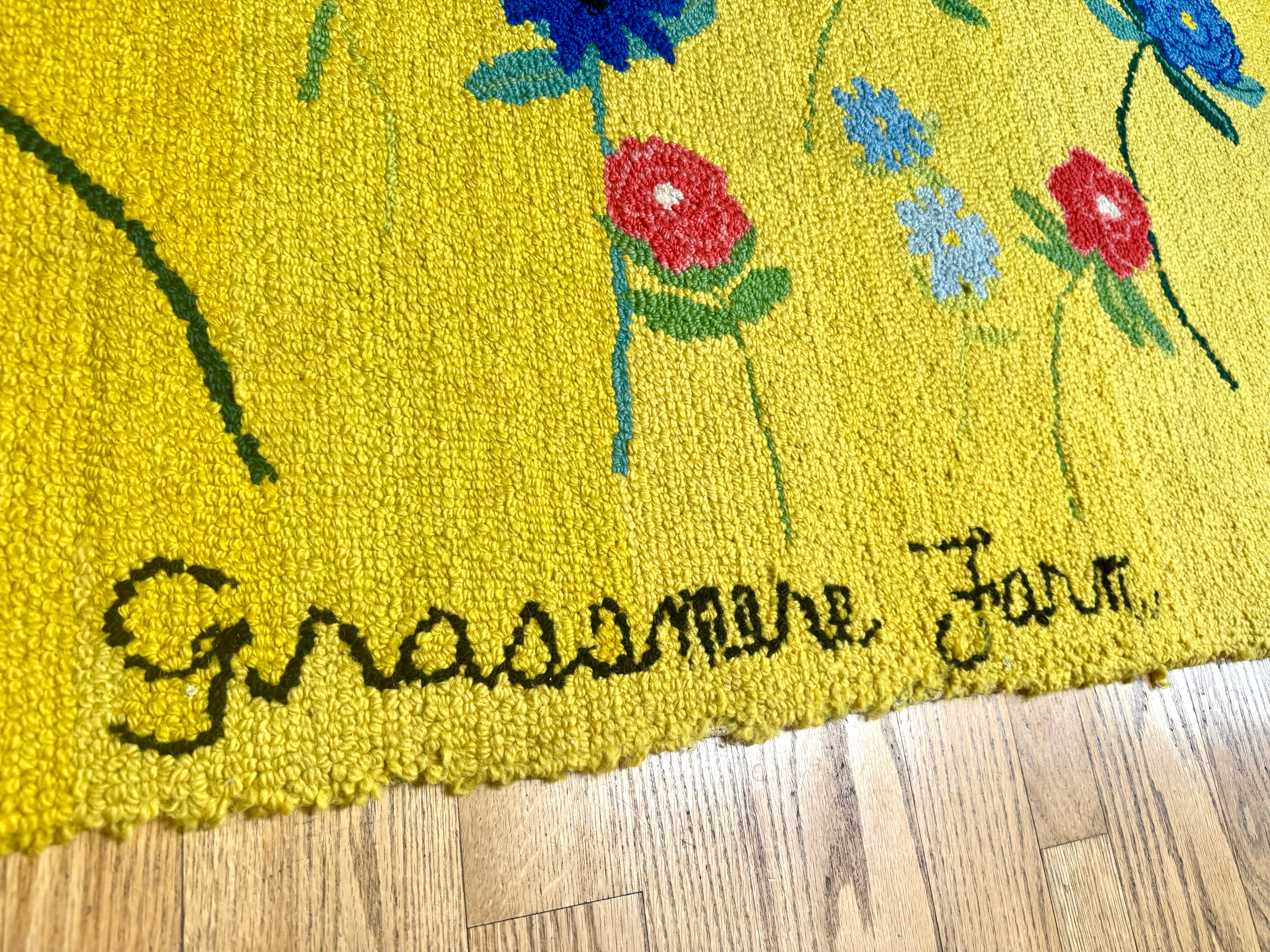 Vintage Hand-Hooked Vibrant Yellow Floral 67" X 31" Rug ~ Handmade Grassmere Farm Rug