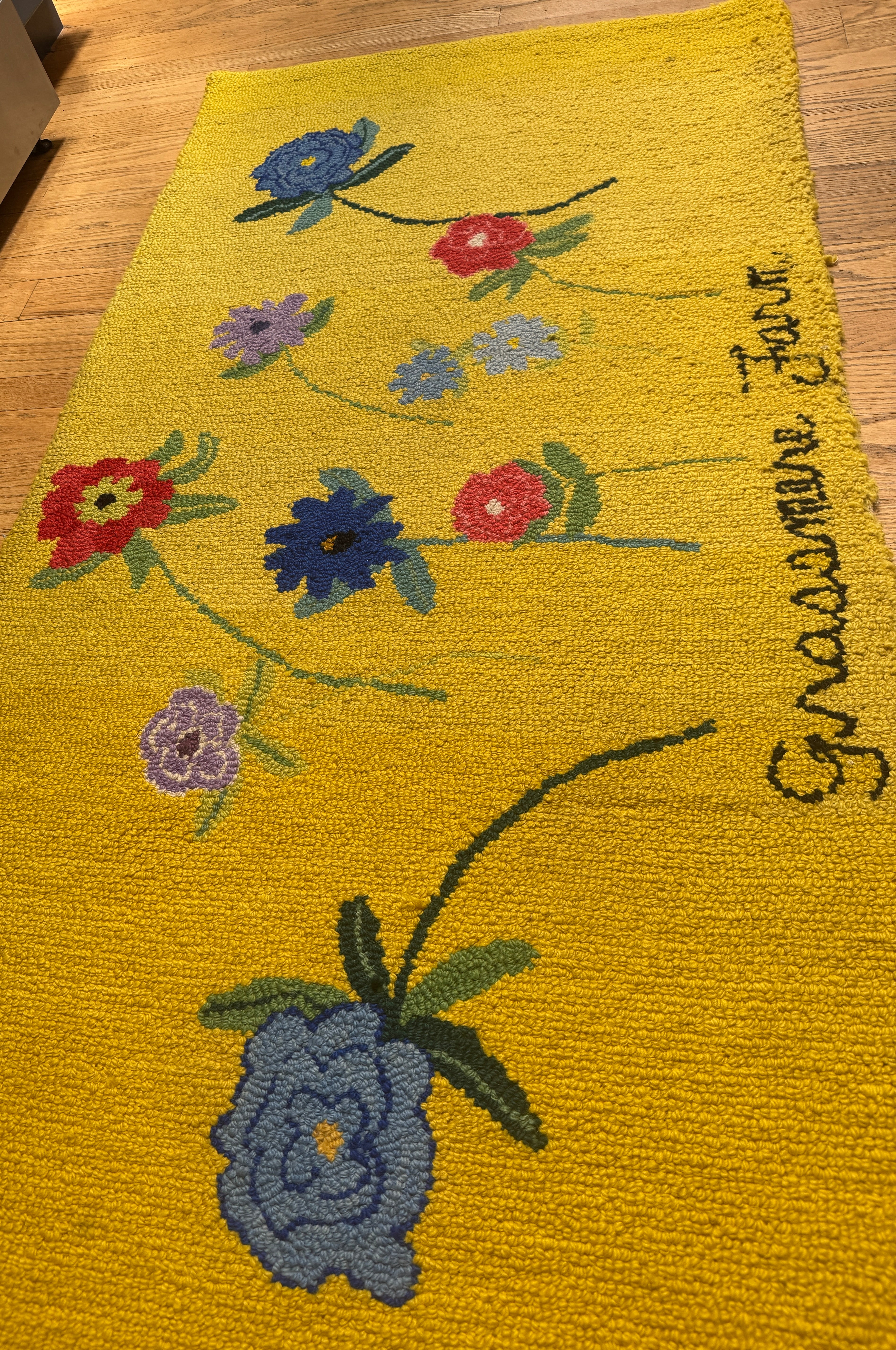Vintage Hand-Hooked Vibrant Yellow Floral 67" X 31" Rug ~ Handmade Grassmere Farm Rug