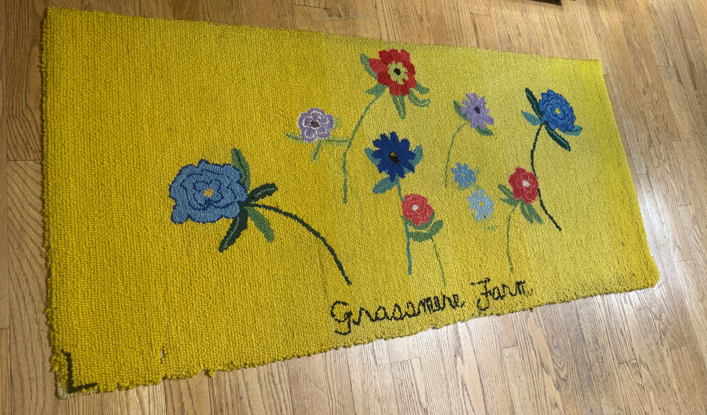 Vintage Hand-Hooked Vibrant Yellow Floral 67" X 31" Rug ~ Handmade Grassmere Farm Rug