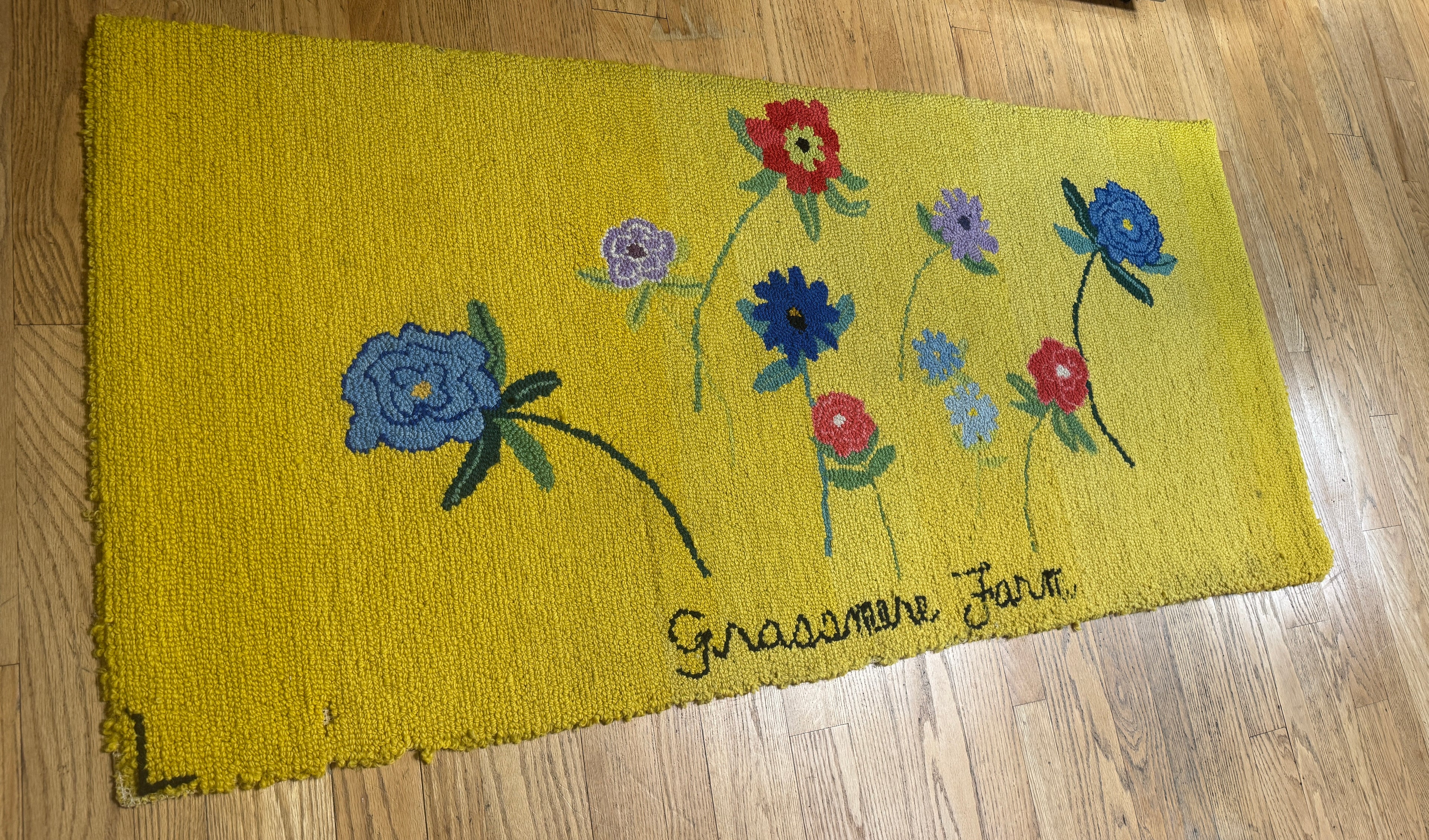 Vintage Hand-Hooked Vibrant Yellow Floral 67" X 31" Rug ~ Handmade Grassmere Farm Rug