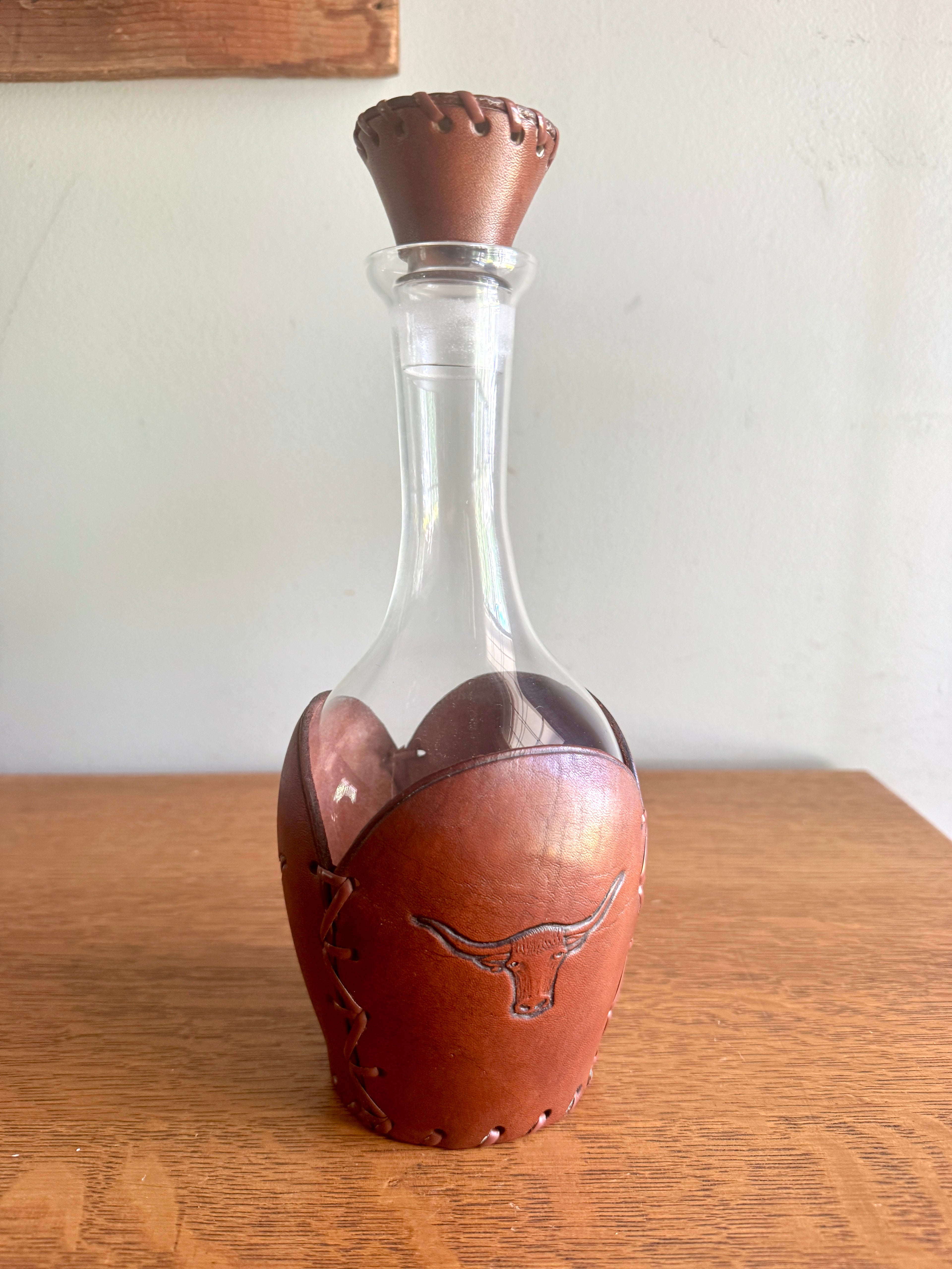 RARE Vintage Libbey Bamco Western Longhorn Hand-Tooled Laced Leather Wrapped Decanter 11"Tall