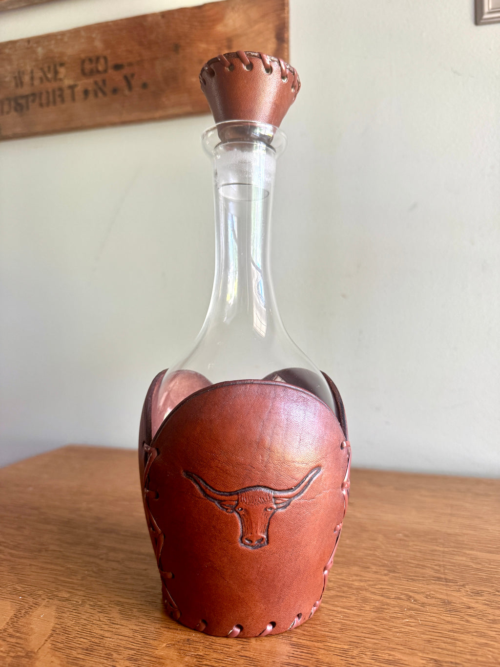 RARE Vintage Libbey Bamco Western Longhorn Hand-Tooled Laced Leather Wrapped Decanter 11"Tall