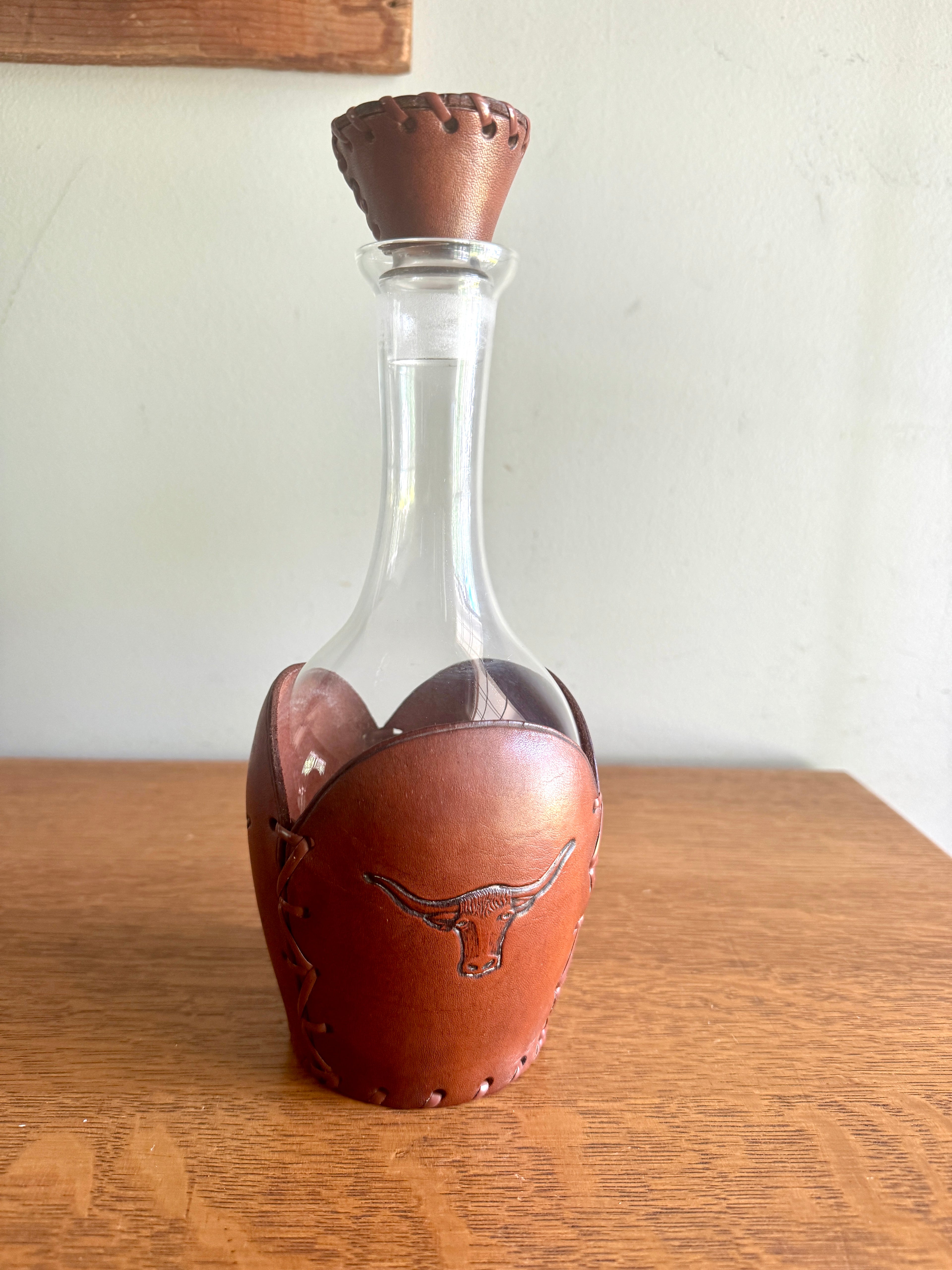 RARE Vintage Libbey Bamco Western Longhorn Hand-Tooled Laced Leather Wrapped Decanter 11"Tall