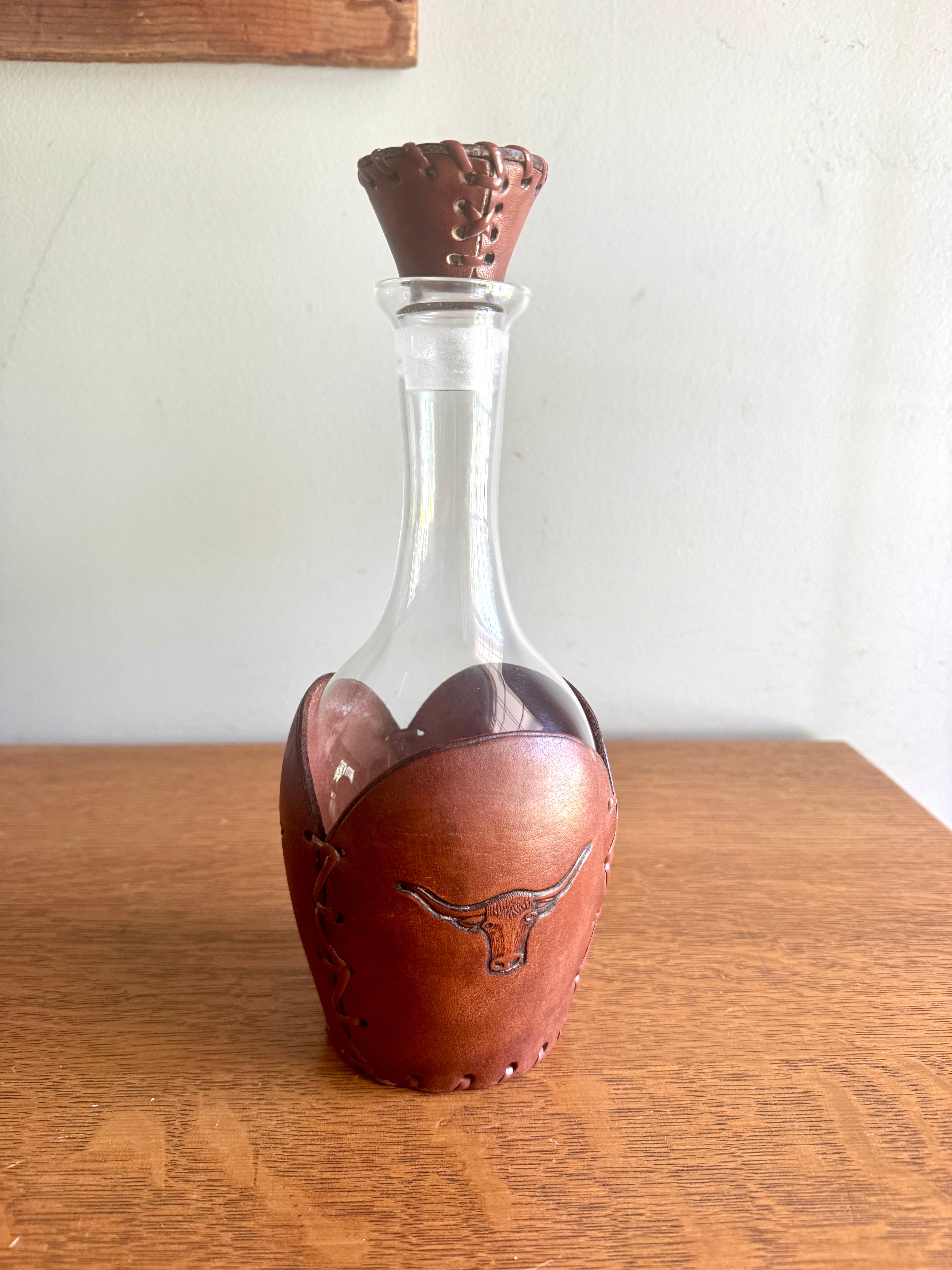 RARE Vintage Libbey Bamco Western Longhorn Hand-Tooled Laced Leather Wrapped Decanter 11"Tall