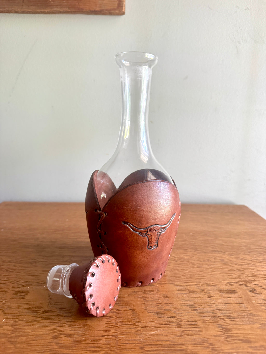 RARE Vintage Libbey Bamco Western Longhorn Hand-Tooled Laced Leather Wrapped Decanter 11"Tall