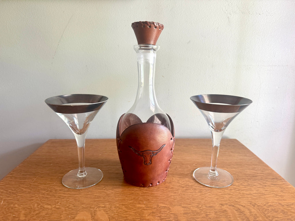 RARE Vintage Libbey Bamco Western Longhorn Hand-Tooled Laced Leather Wrapped Decanter 11"Tall