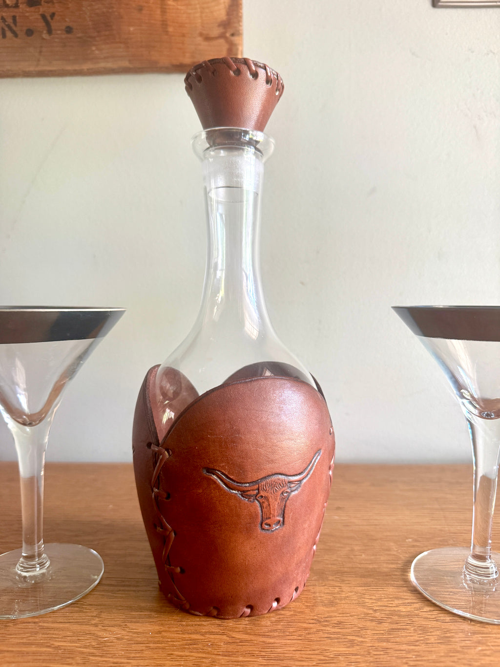 RARE Vintage Libbey Bamco Western Longhorn Hand-Tooled Laced Leather Wrapped Decanter 11"Tall
