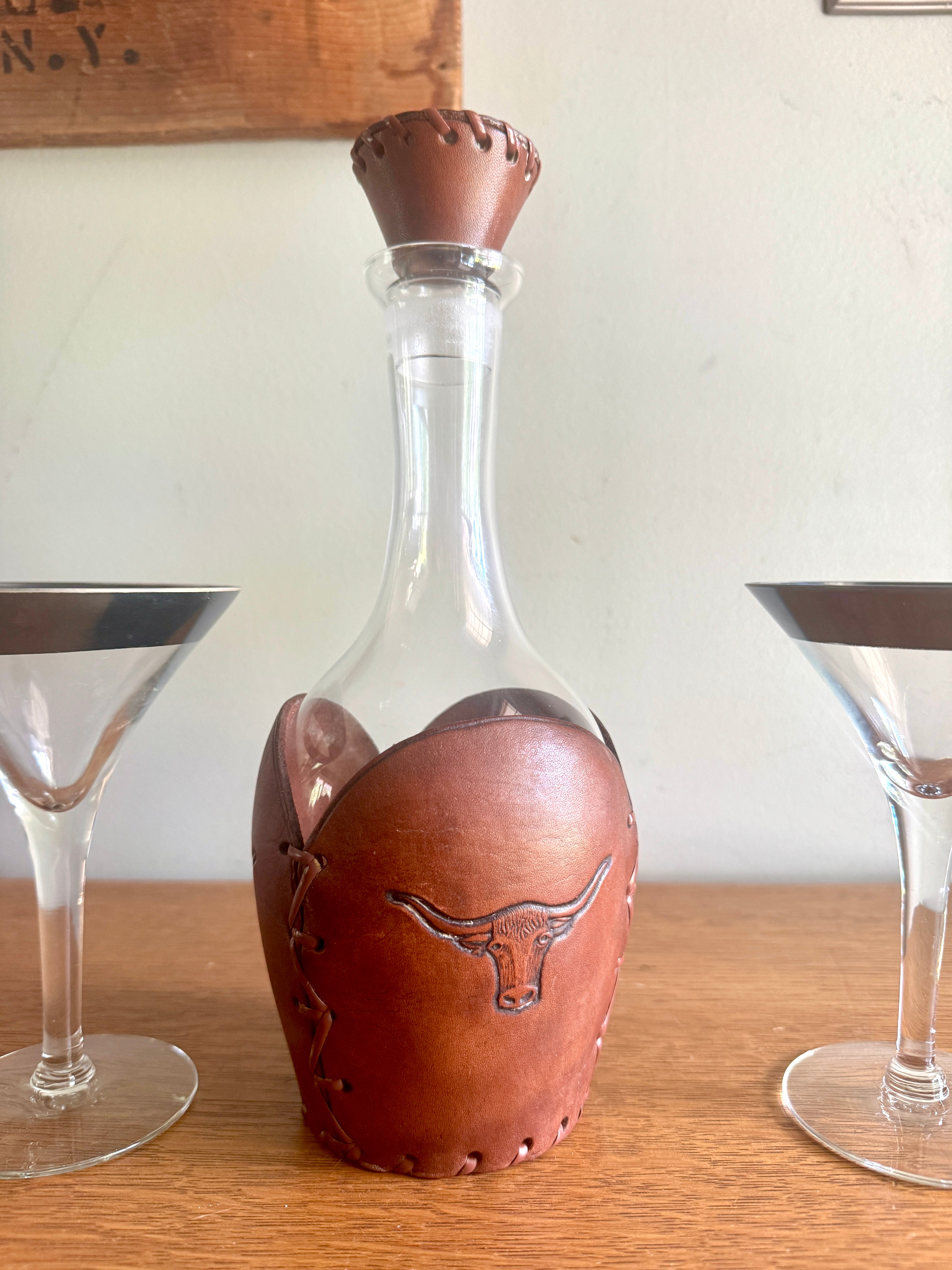 RARE Vintage Libbey Bamco Western Longhorn Hand-Tooled Laced Leather Wrapped Decanter 11"Tall