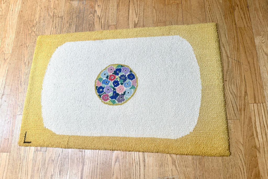 Vintage Hand-Hooked Vibrant Yellow and White Floral Centerpiece 48" X 30" Rug ~ Handmade Floral Rug