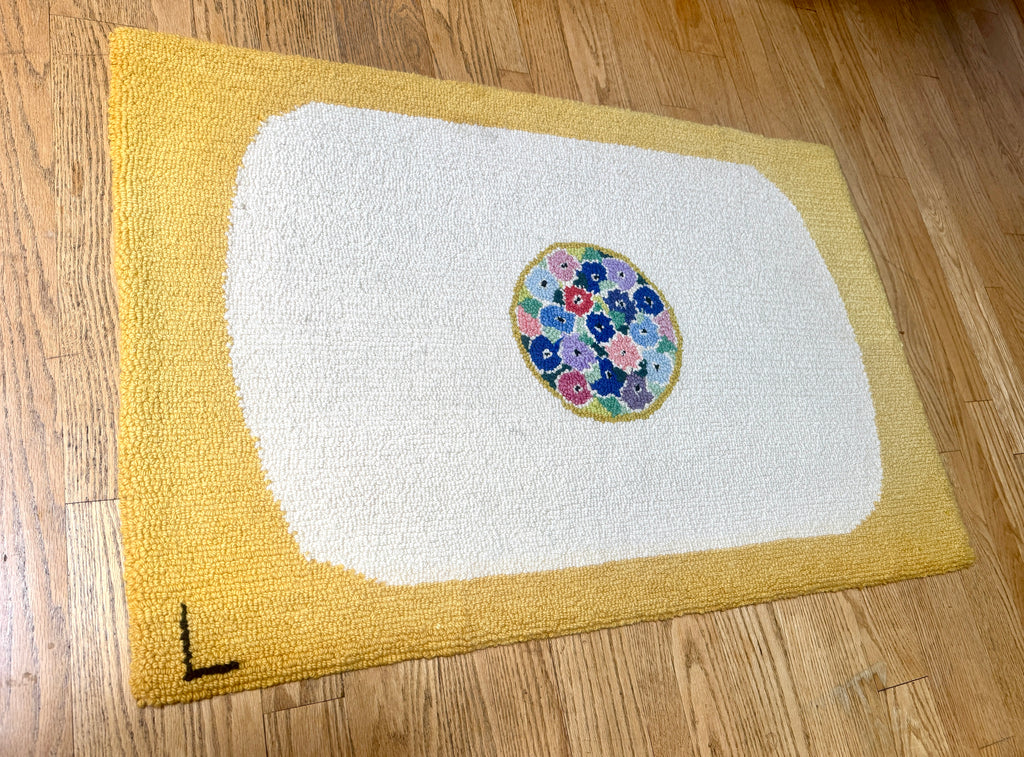 Vintage Hand-Hooked Vibrant Yellow and White Floral Centerpiece 48" X 30" Rug ~ Handmade Floral Rug