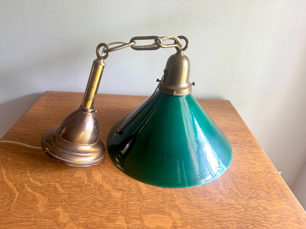 1920’s Emerald Green Glass Hanging Wall Sconce Light ~ Antique Brass and Green Glass Shade Hanging Lamp