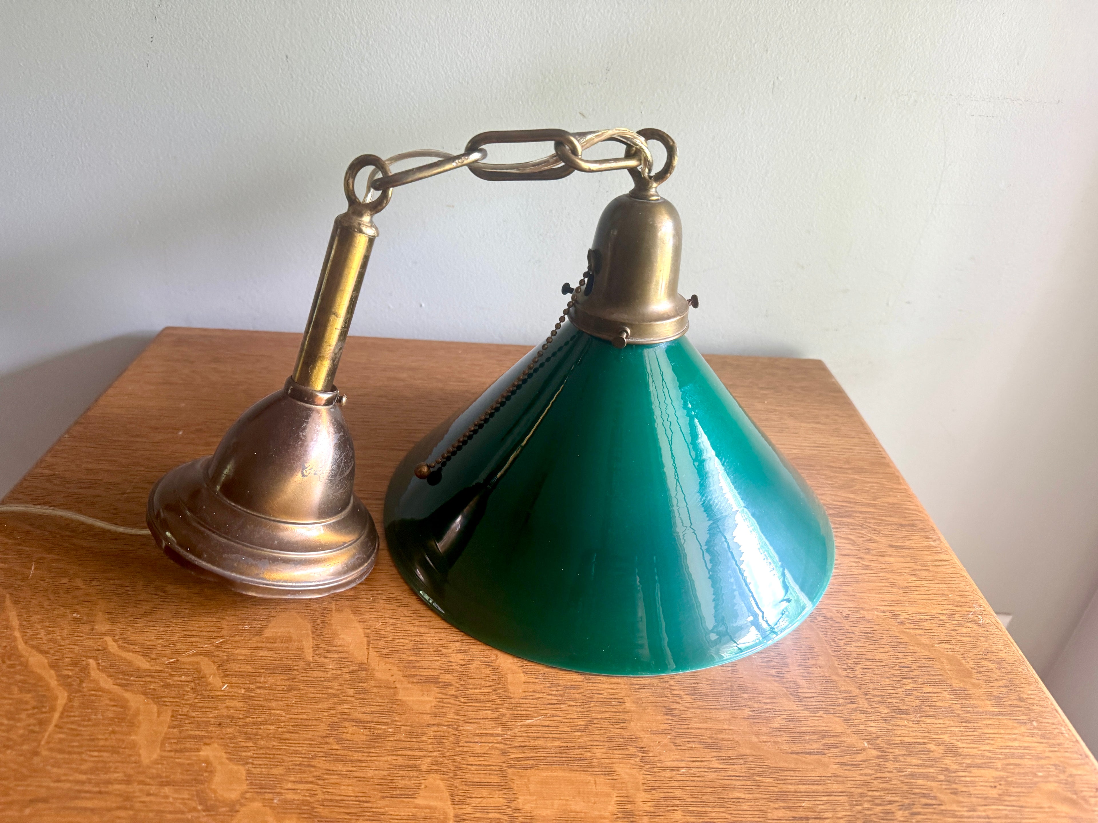 1920’s Emerald Green Glass Hanging Wall Sconce Light ~ Antique Brass and Green Glass Shade Hanging Lamp