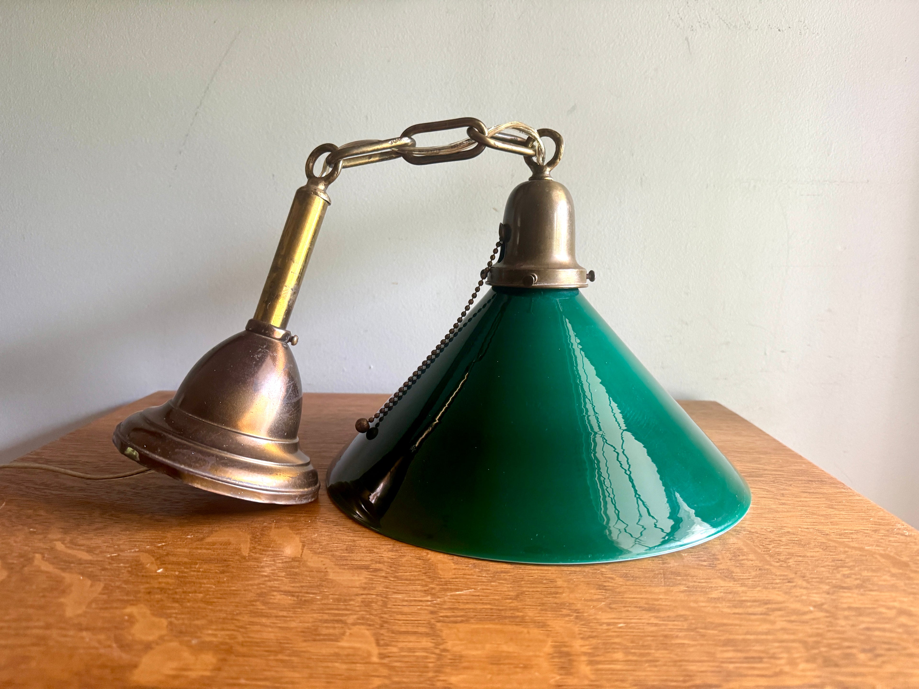 1920’s Emerald Green Glass Hanging Wall Sconce Light ~ Antique Brass and Green Glass Shade Hanging Lamp