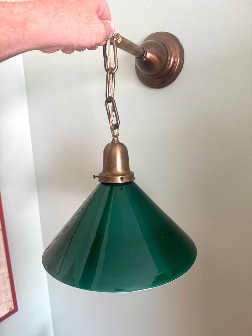 1920’s Emerald Green Glass Hanging Wall Sconce Light ~ Antique Brass and Green Glass Shade Hanging Lamp