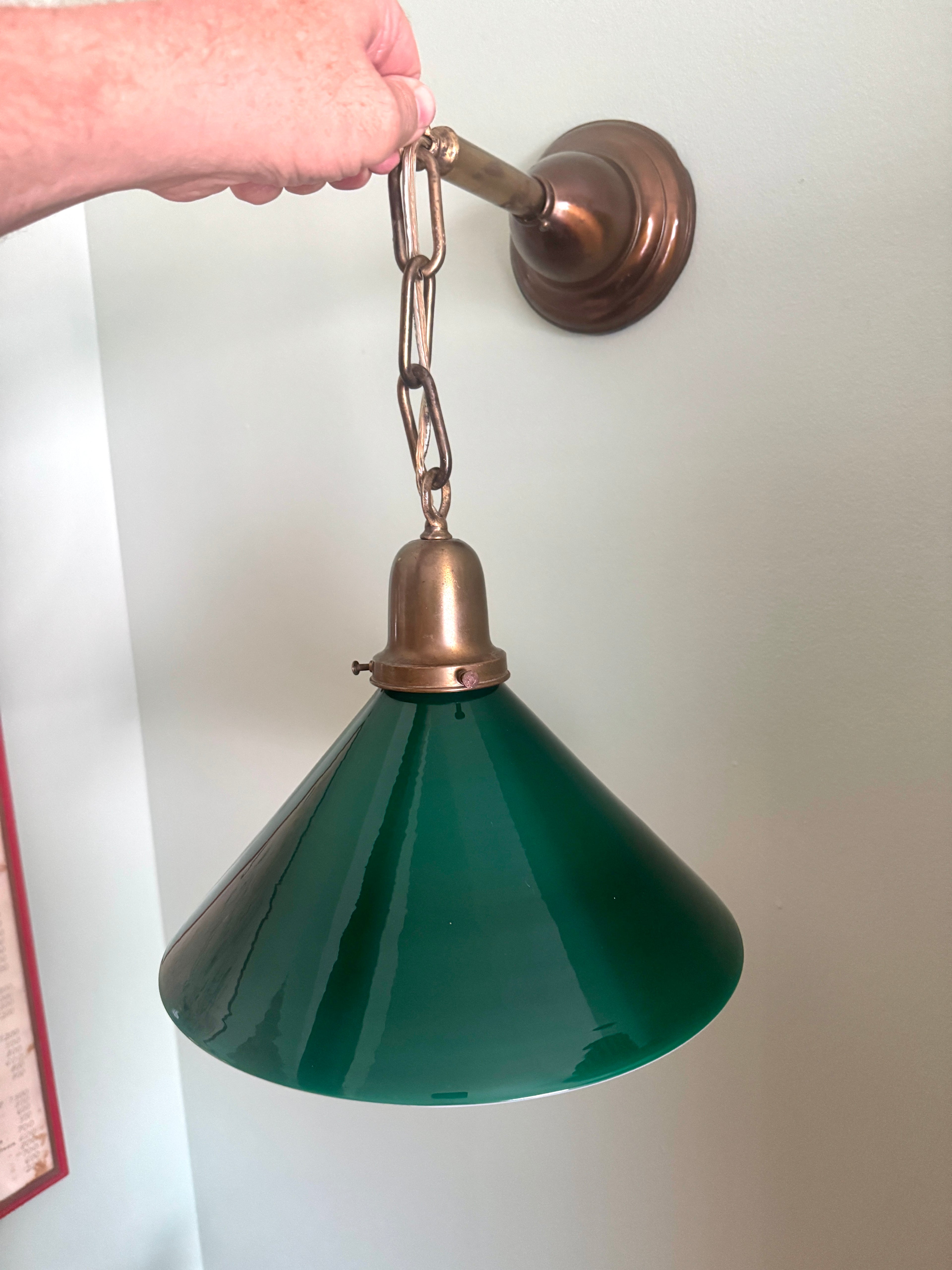 1920’s Emerald Green Glass Hanging Wall Sconce Light ~ Antique Brass and Green Glass Shade Hanging Lamp