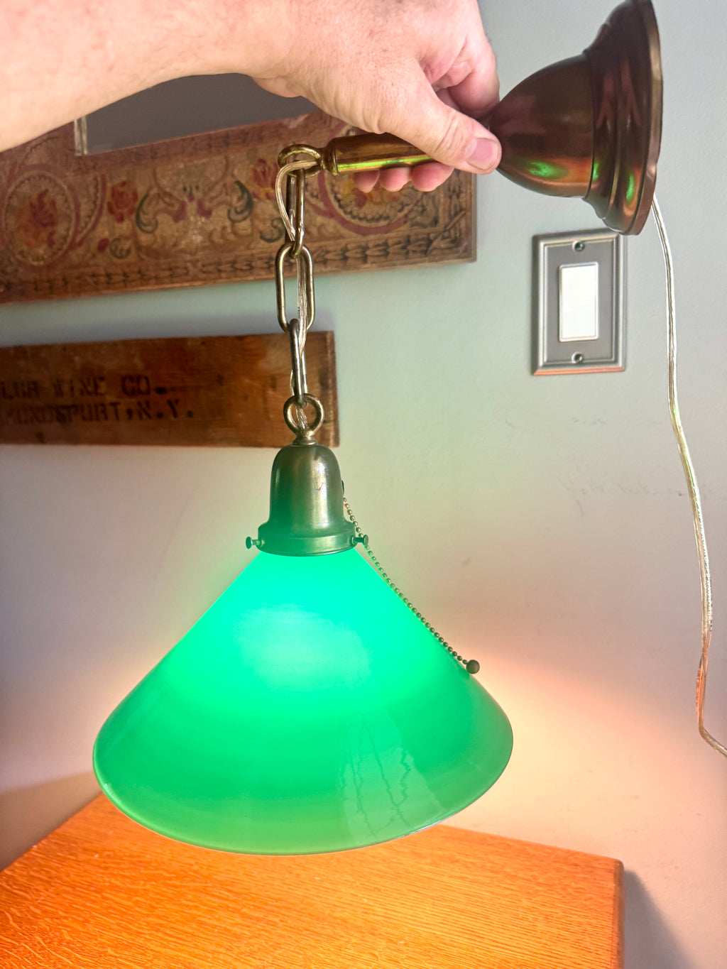 1920’s Emerald Green Glass Hanging Wall Sconce Light ~ Antique Brass and Green Glass Shade Hanging Lamp