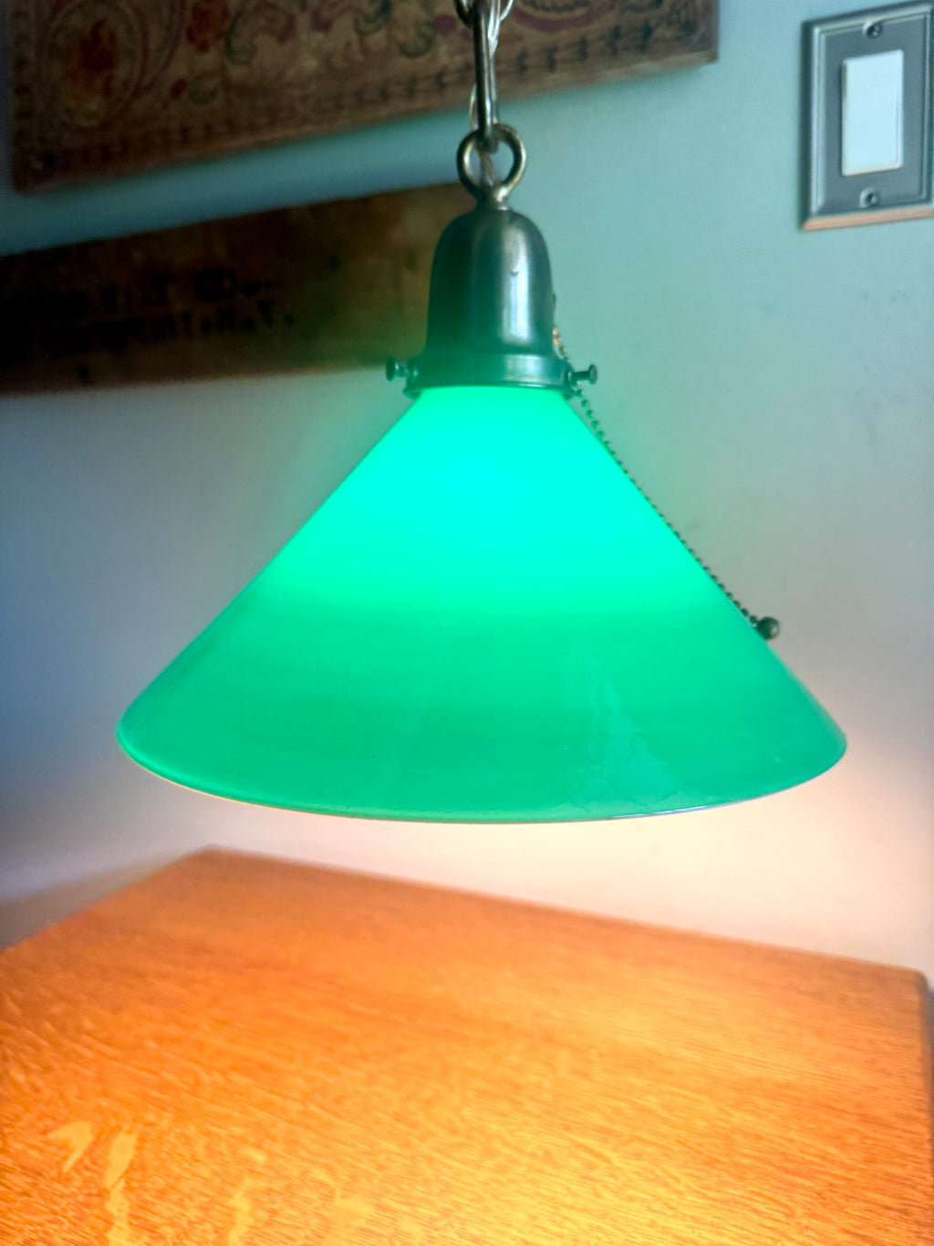 1920’s Emerald Green Glass Hanging Wall Sconce Light ~ Antique Brass and Green Glass Shade Hanging Lamp