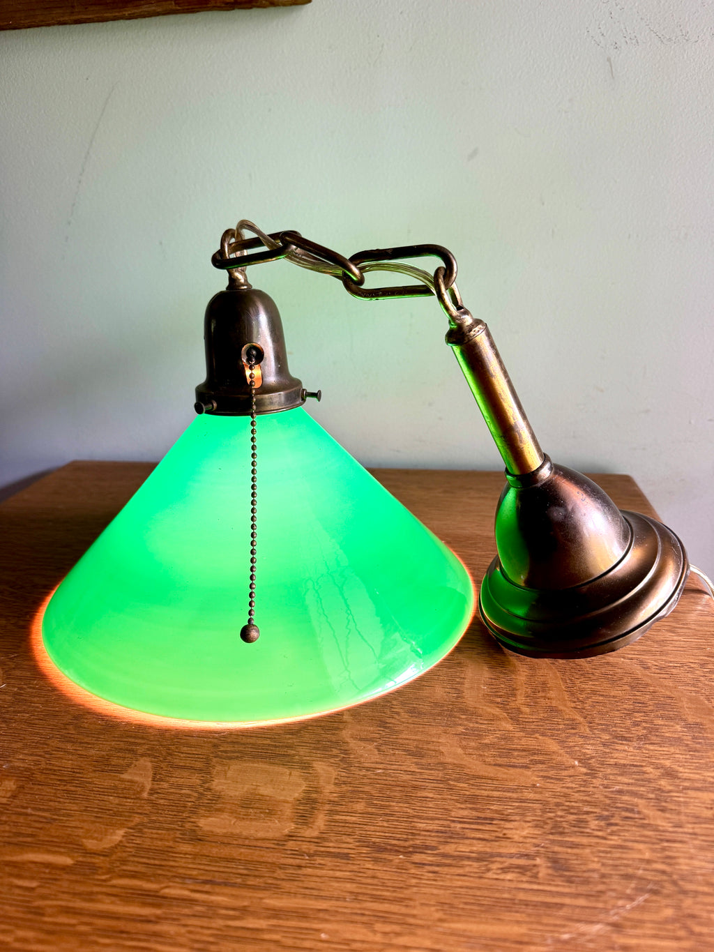 1920’s Emerald Green Glass Hanging Wall Sconce Light ~ Antique Brass and Green Glass Shade Hanging Lamp