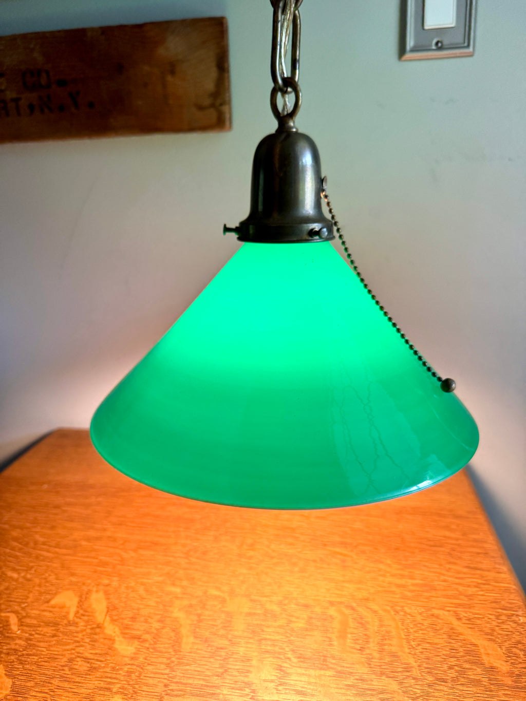 1920’s Emerald Green Glass Hanging Wall Sconce Light ~ Antique Brass and Green Glass Shade Hanging Lamp