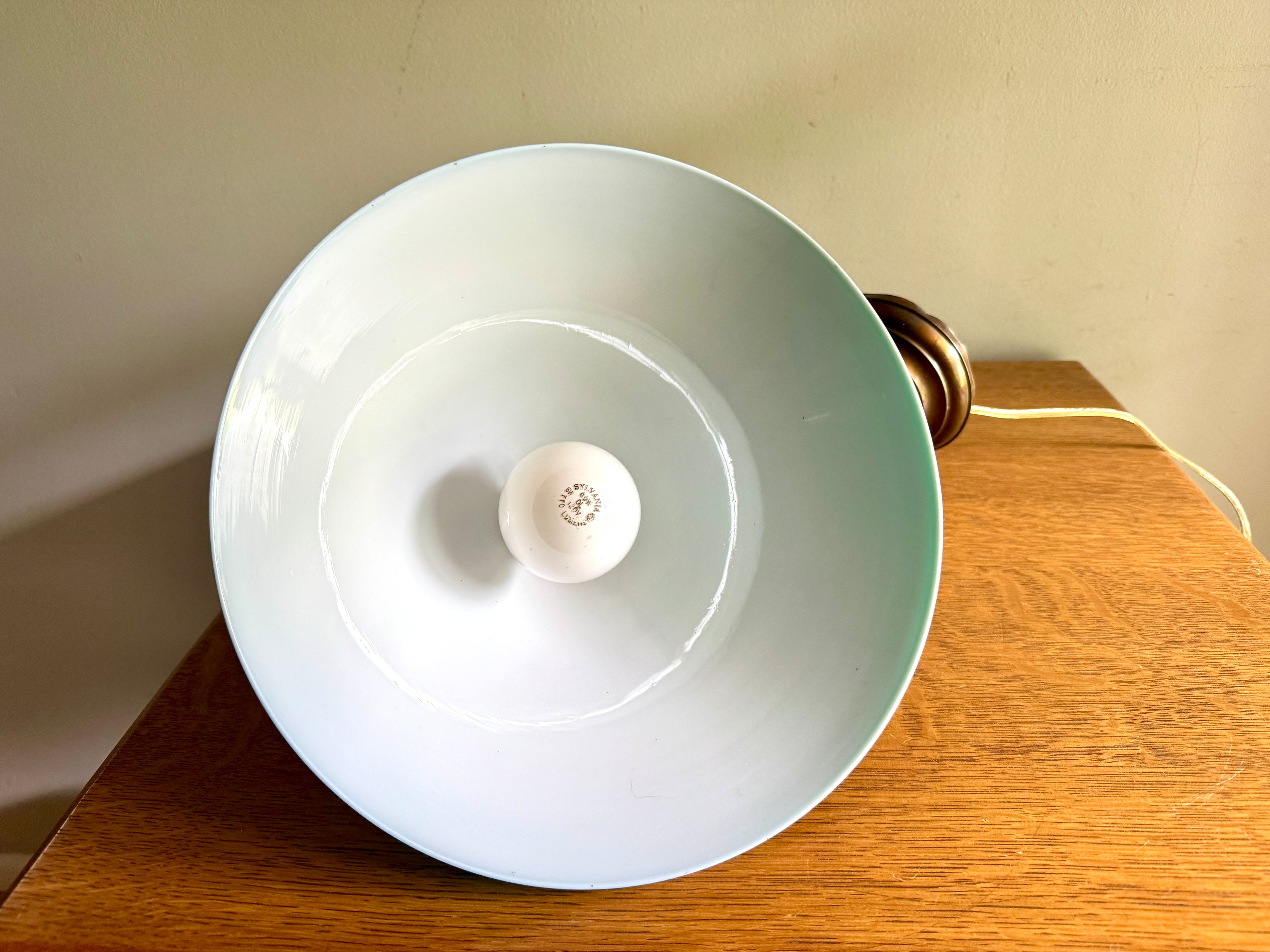 1920’s Emerald Green Glass Hanging Wall Sconce Light ~ Antique Brass and Green Glass Shade Hanging Lamp