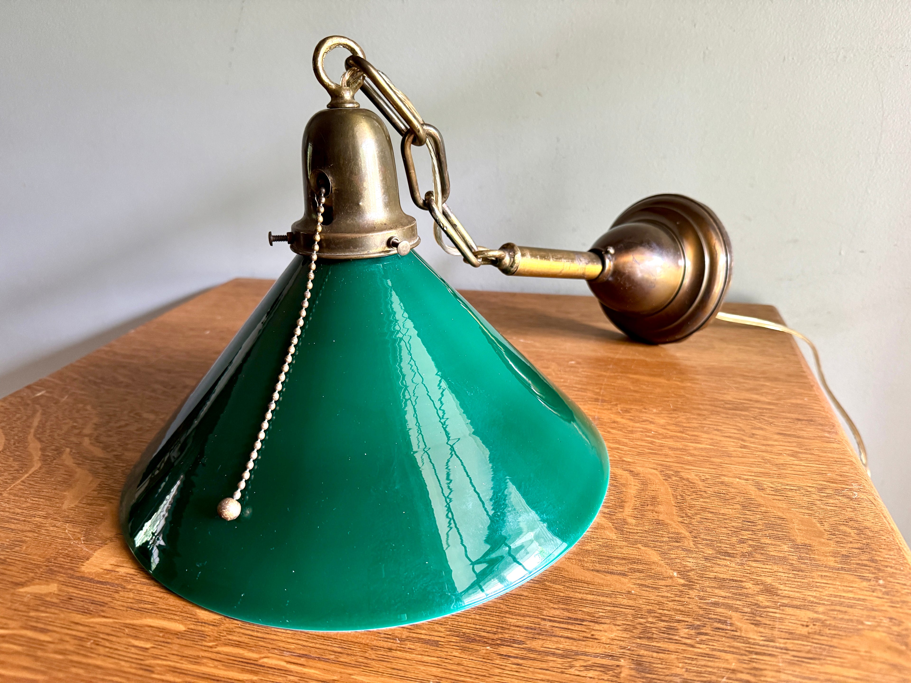 1920’s Emerald Green Glass Hanging Wall Sconce Light ~ Antique Brass and Green Glass Shade Hanging Lamp
