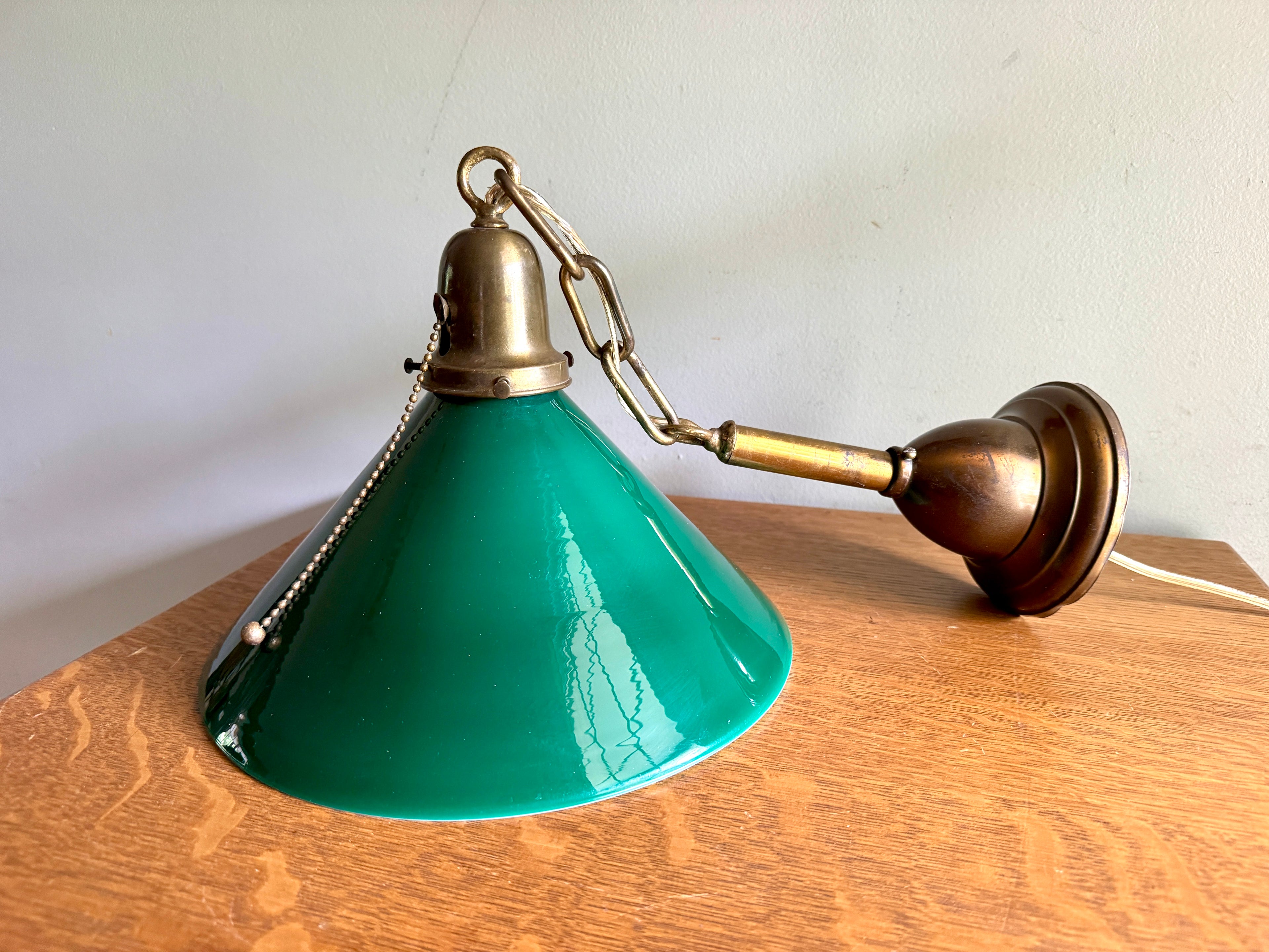 1920’s Emerald Green Glass Hanging Wall Sconce Light ~ Antique Brass and Green Glass Shade Hanging Lamp