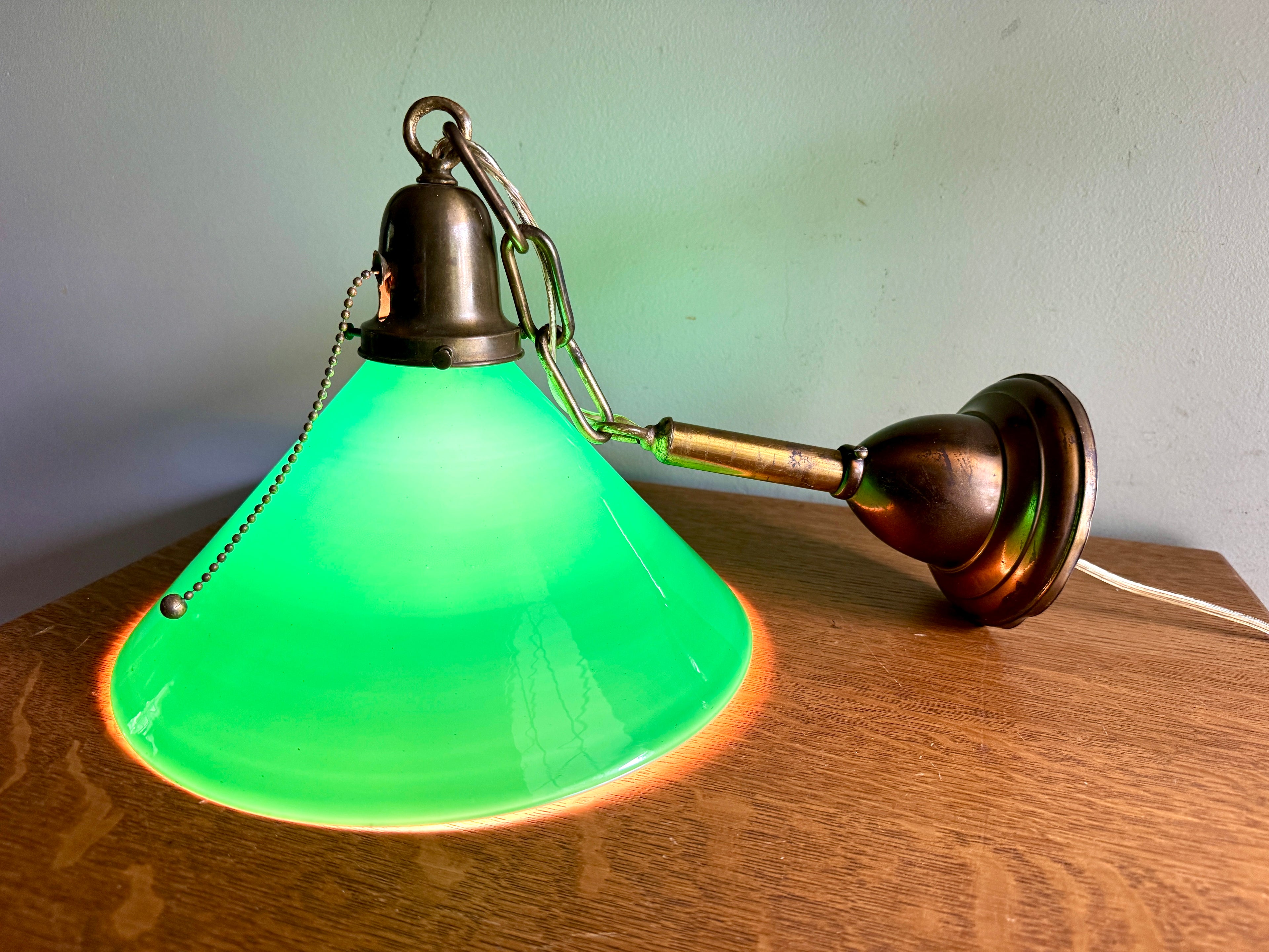 1920’s Emerald Green Glass Hanging Wall Sconce Light ~ Antique Brass and Green Glass Shade Hanging Lamp
