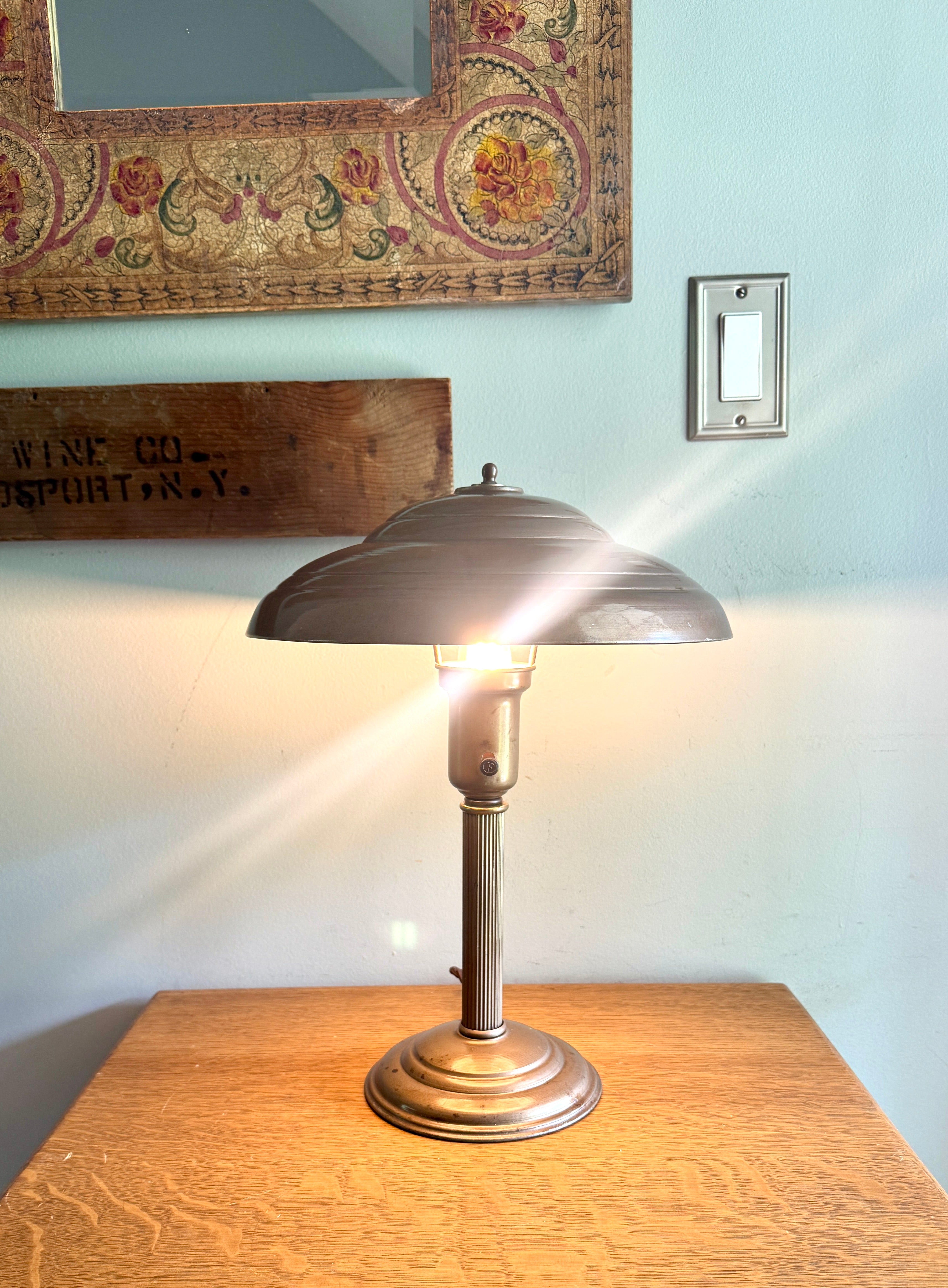 Vintage Art Deco Flying Saucer Metal Desk Lamp ~ Machine Age Metal Desk Lamp