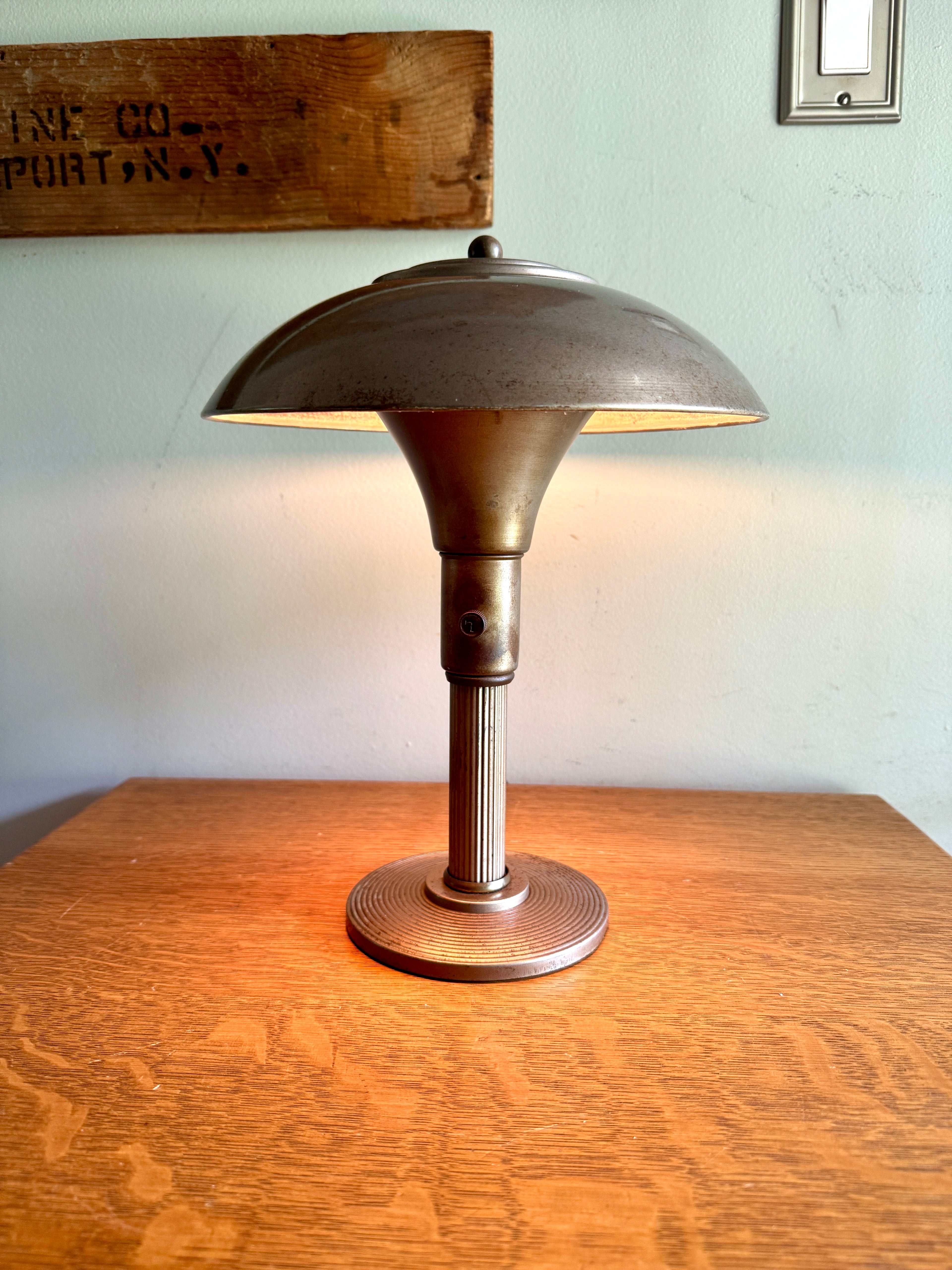 Vintage Art Deco Flying Saucer Metal Desk Lamp ~ Smaller Machine Age Metal Desk Lamp