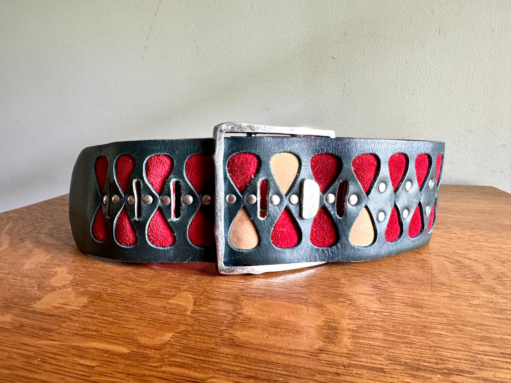 1960's Rare Vera Neumann Leather Belt ~ 60's Black Leather, Red and Tan Suede Belt