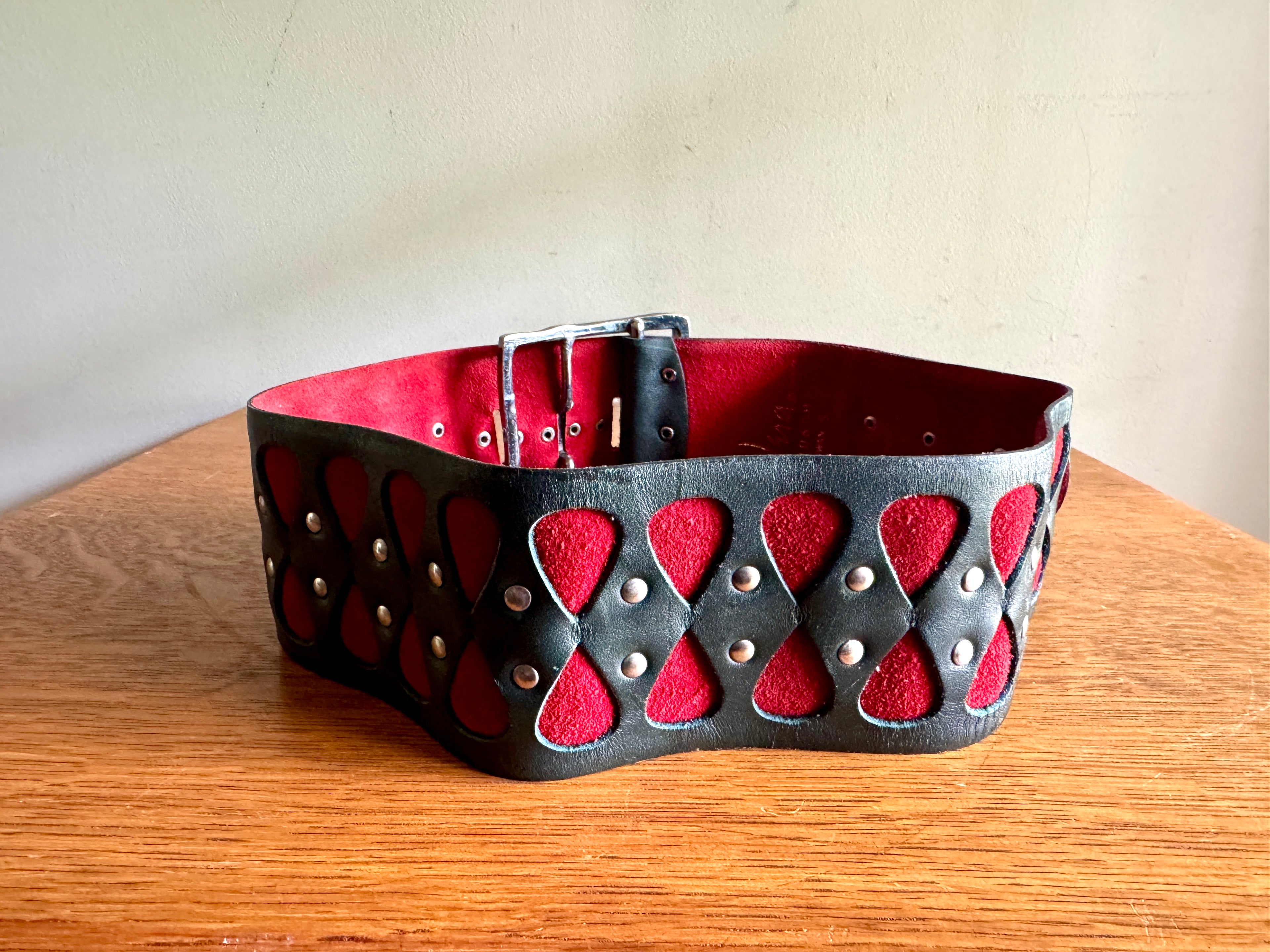 1960's Rare Vera Neumann Leather Belt ~ 60's Black Leather, Red and Tan Suede Belt