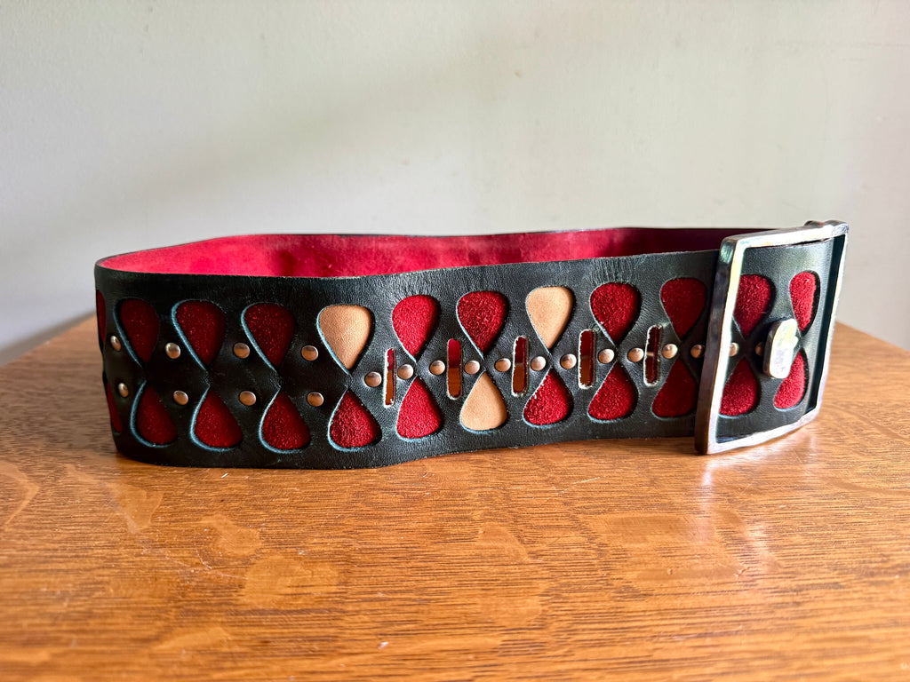 1960's Rare Vera Neumann Leather Belt ~ 60's Black Leather, Red and Tan Suede Belt