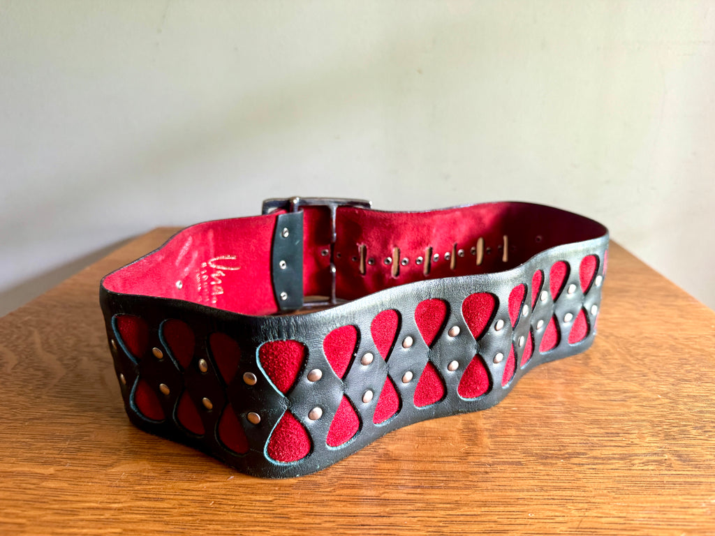 1960's Rare Vera Neumann Leather Belt ~ 60's Black Leather, Red and Tan Suede Belt