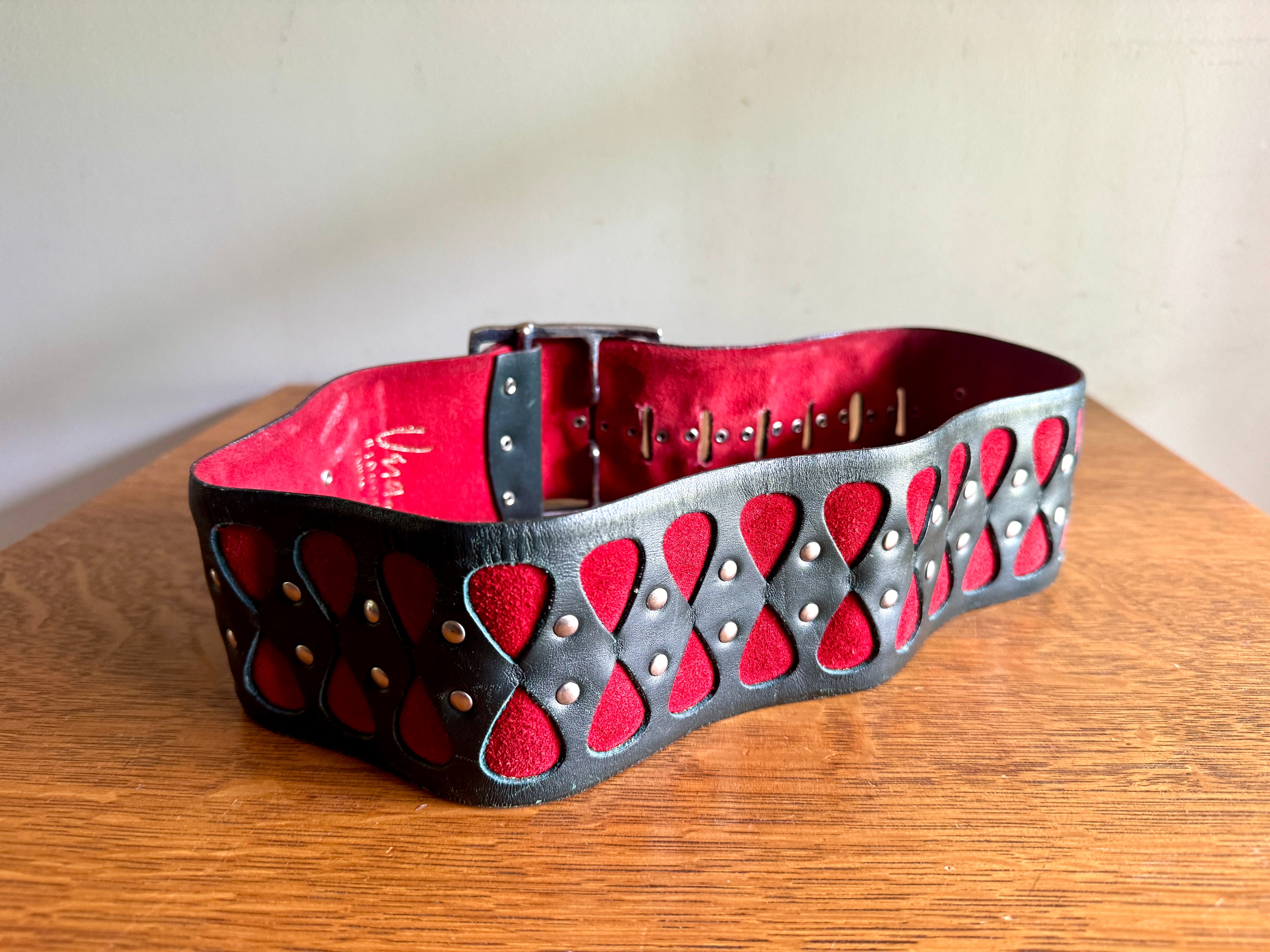 1960's Rare Vera Neumann Leather Belt ~ 60's Black Leather, Red and Tan Suede Belt