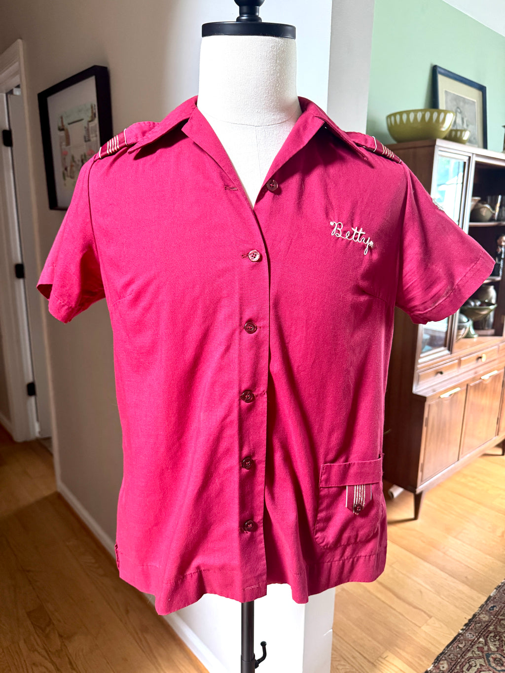 1970's King Louie Maroon Bowling Shirt With Patches ~ Betty's Bowling Shirt