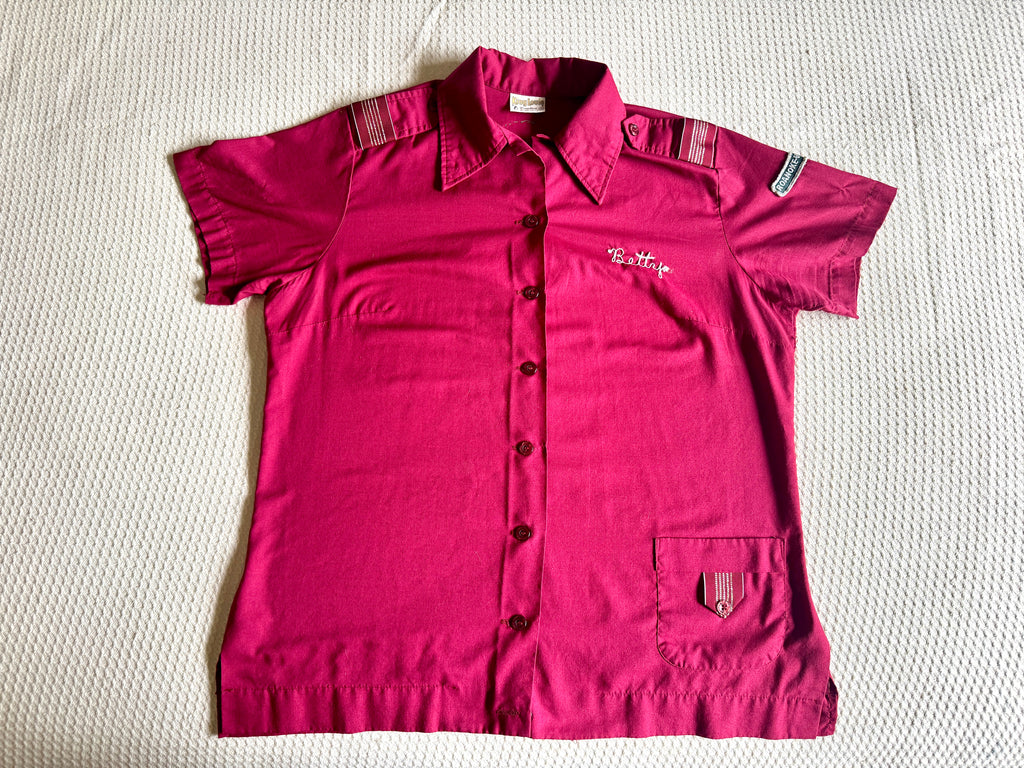 1970's King Louie Maroon Bowling Shirt With Patches ~ Betty's Bowling Shirt
