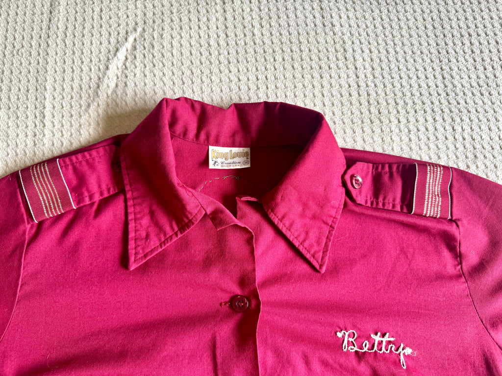 1970's King Louie Maroon Bowling Shirt With Patches ~ Betty's Bowling Shirt