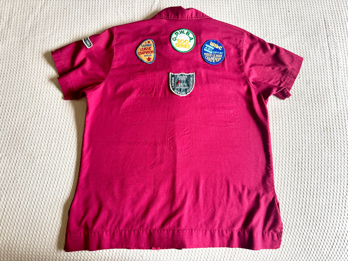 1970's King Louie Maroon Bowling Shirt With Patches ~ Betty's Bowling Shirt
