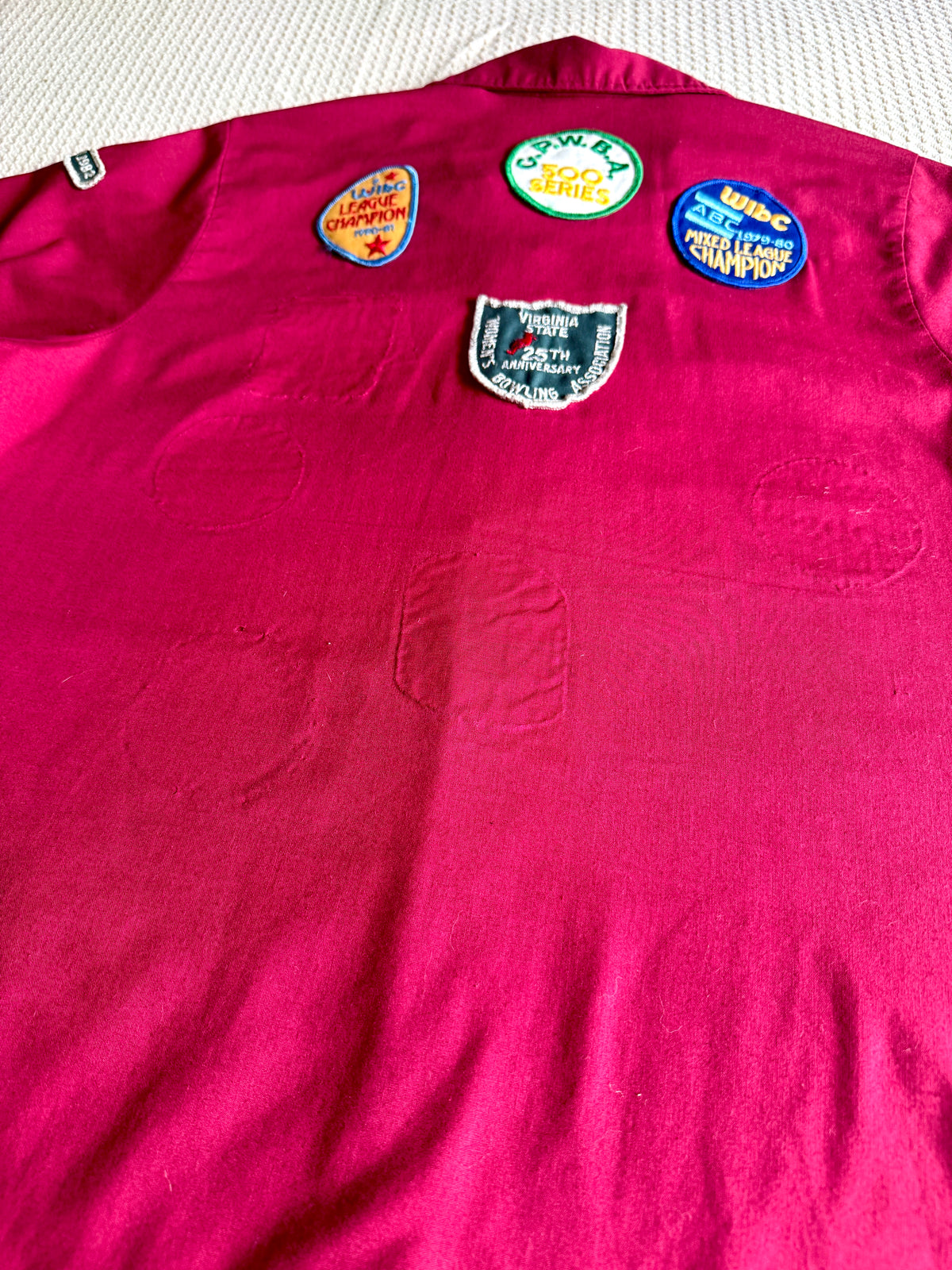 1970's King Louie Maroon Bowling Shirt With Patches ~ Betty's Bowling Shirt