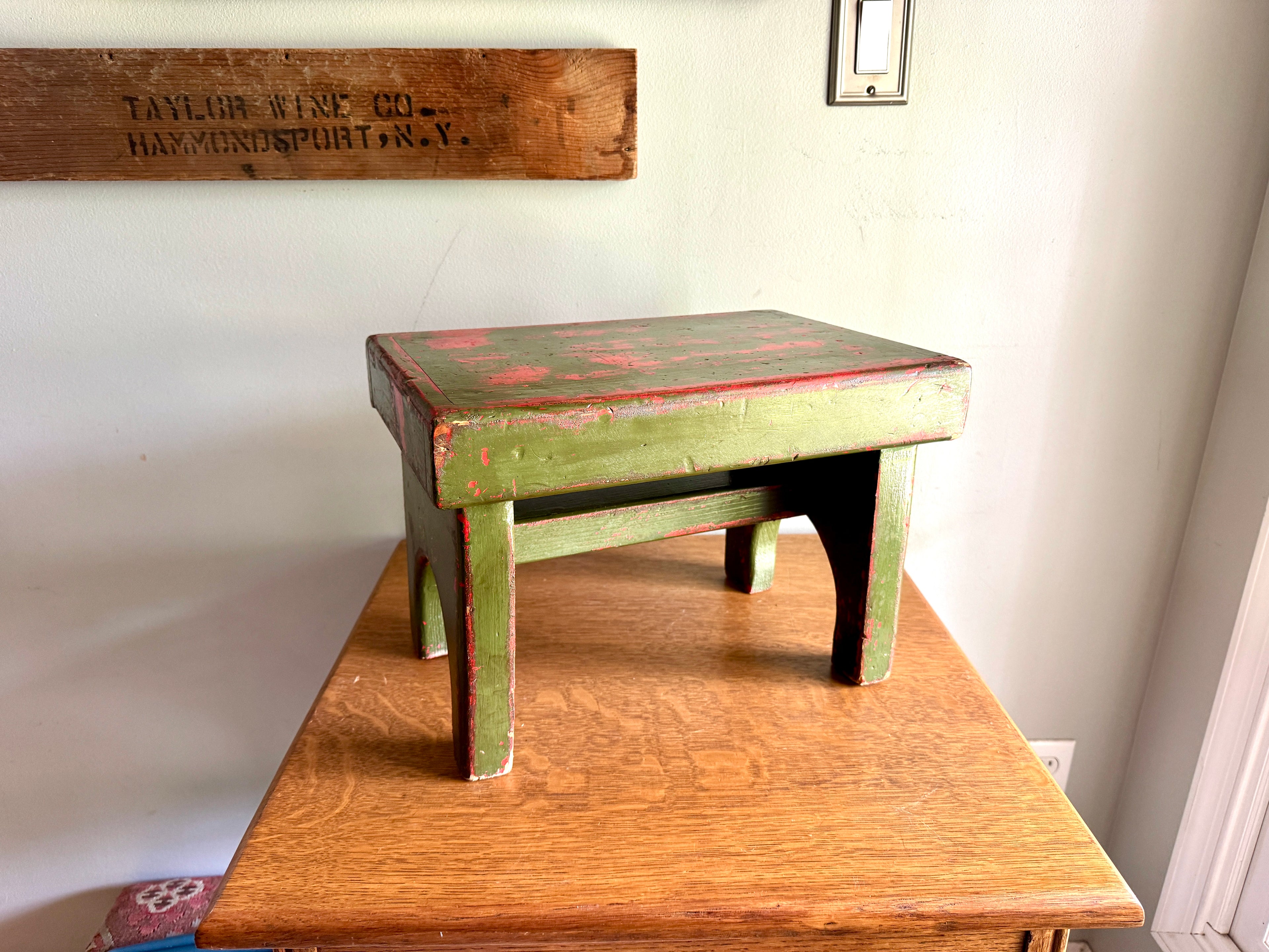 Antique Wooden Stool with Distressed Paint | Primitive Wood Stool | Rustic Green Small Bench | Shabby Chic Distressed Wood Stool