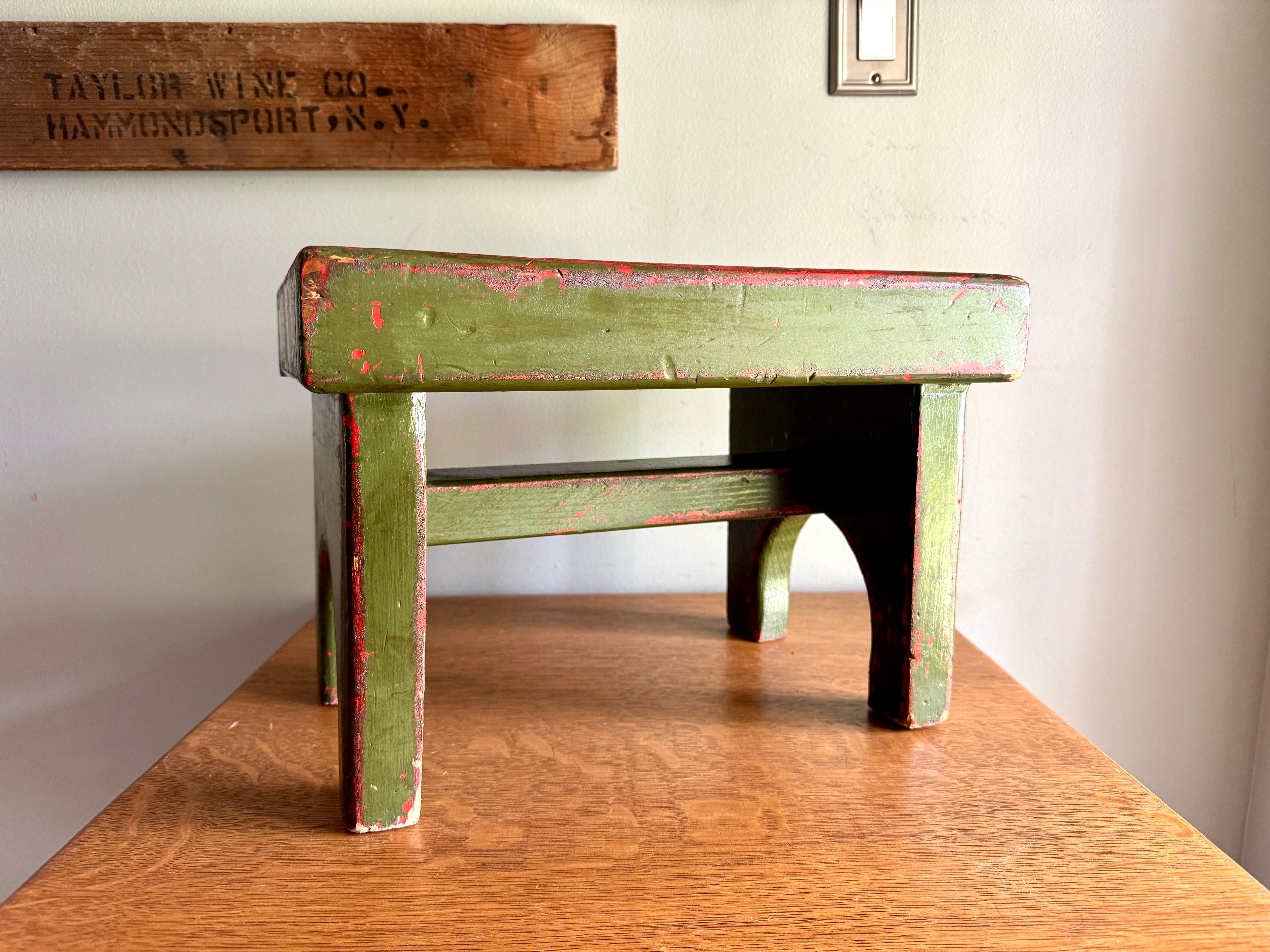 Antique Wooden Stool with Distressed Paint | Primitive Wood Stool | Rustic Green Small Bench | Shabby Chic Distressed Wood Stool