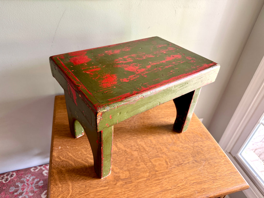 Antique Wooden Stool with Distressed Paint | Primitive Wood Stool | Rustic Green Small Bench | Shabby Chic Distressed Wood Stool
