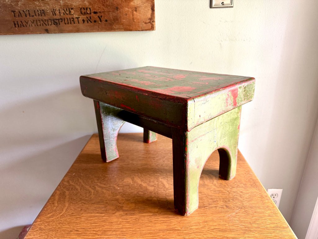 Antique Wooden Stool with Distressed Paint | Primitive Wood Stool | Rustic Green Small Bench | Shabby Chic Distressed Wood Stool