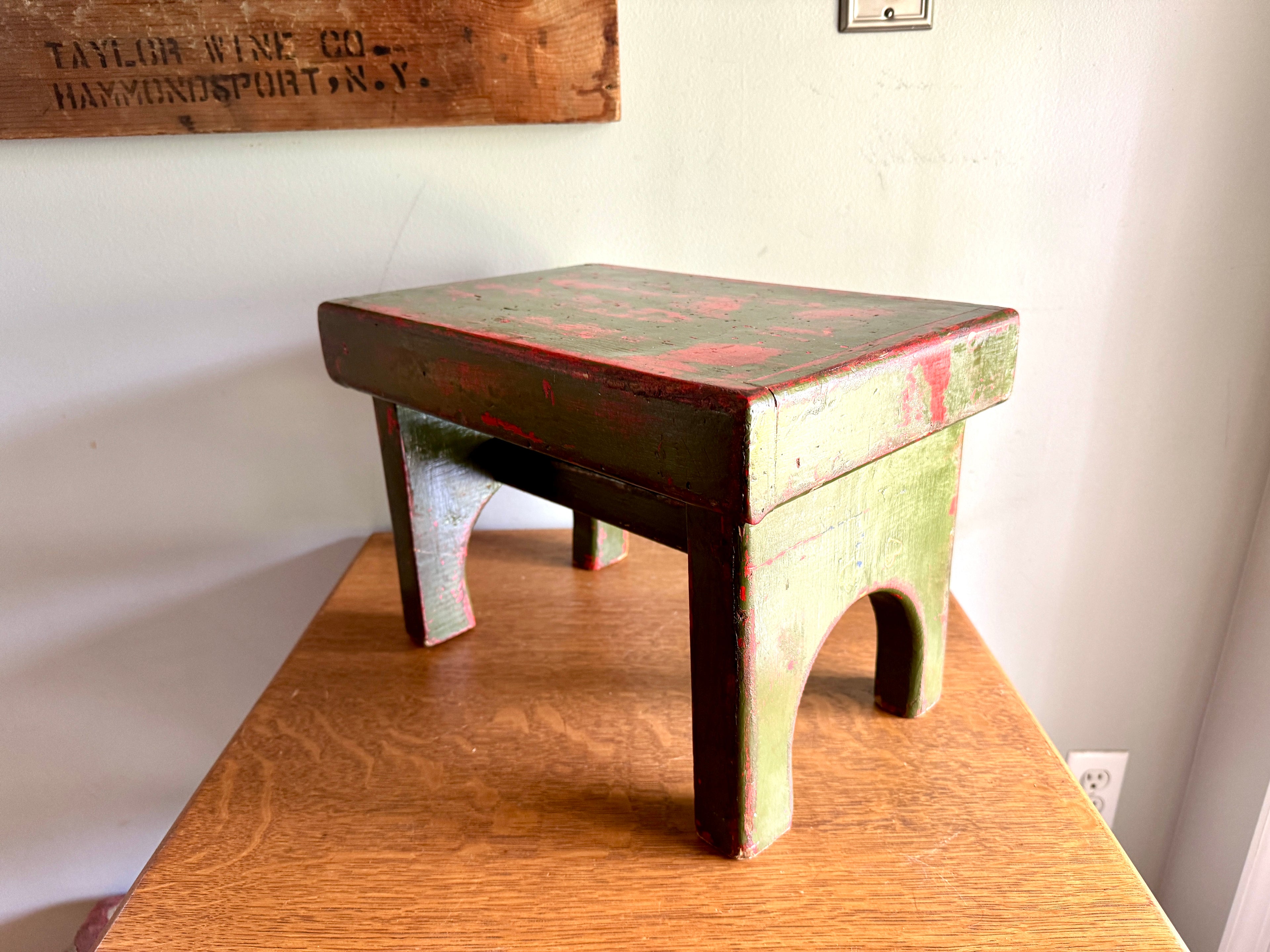 Antique Wooden Stool with Distressed Paint | Primitive Wood Stool | Rustic Green Small Bench | Shabby Chic Distressed Wood Stool